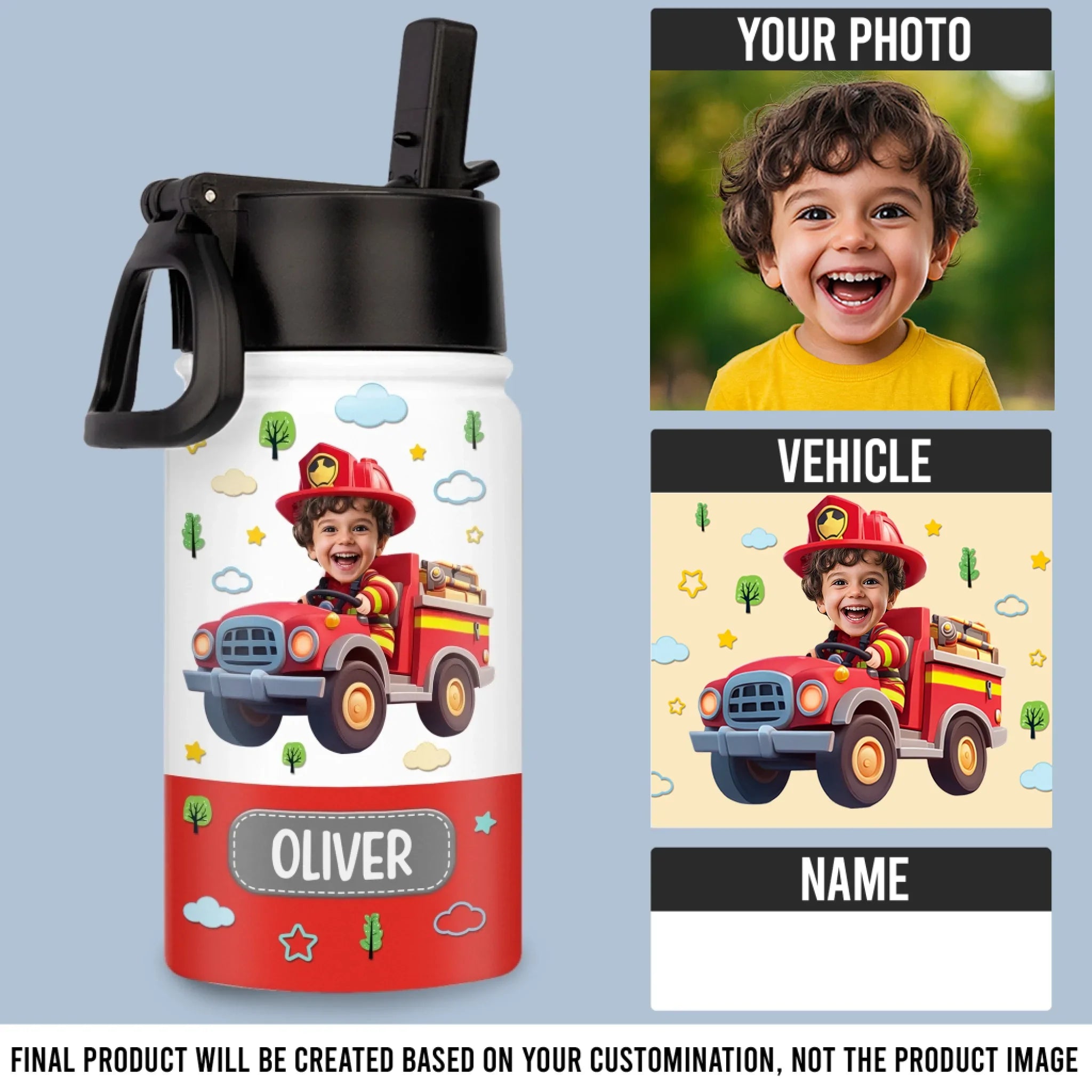 Custom Photo Kids Backpack, Water Bottle, Lunch Bag - Personalized Back To School Gifts For Kids - Ride The Firetruck To School