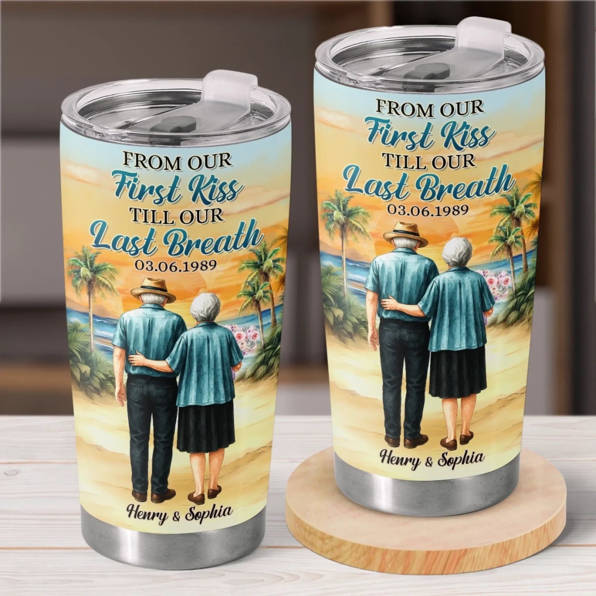 Custom Tumbler - Personalized Anniversary Wedding Gifts For Husband And Wife, Him And Her - First Kiss, Endless Love Journey