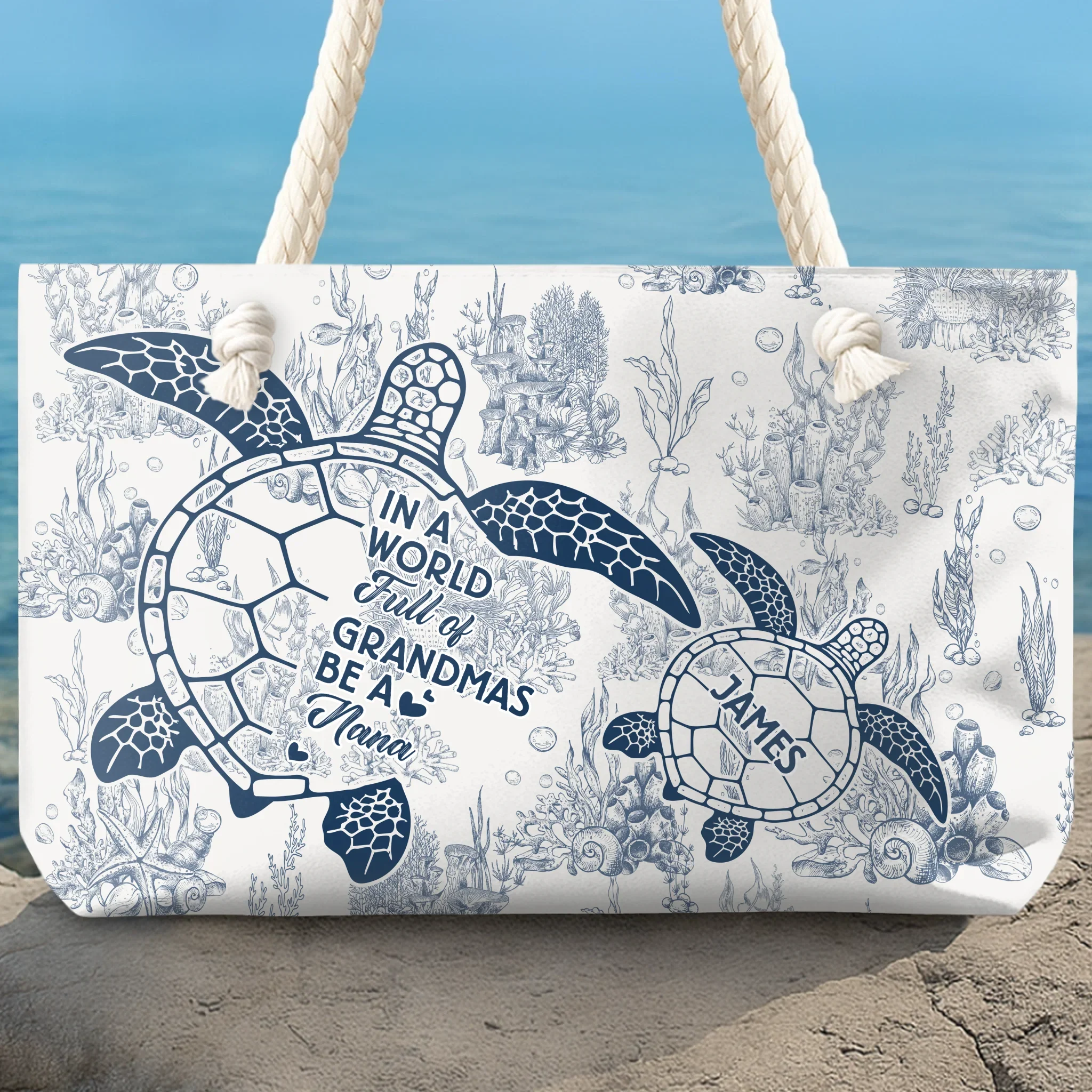 Custom Canvas Beach Bag - Personalized Summer Vacation And Travel Gifts For Women, Grandma - Turtle Crew Needs A Nana