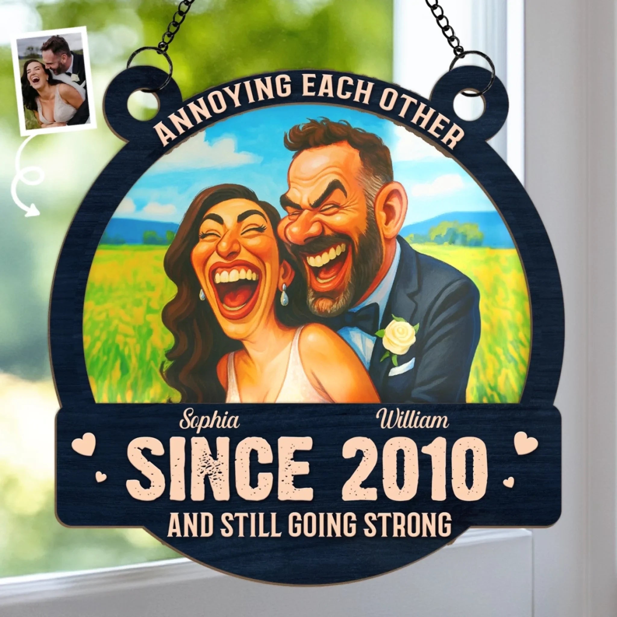 Custom Photo Funny Caricature Window Hanging Suncatcher Ornament - Personalized Anniversary Wedding Gifts For Husband And Wife, Him And Her - Still Going Strong