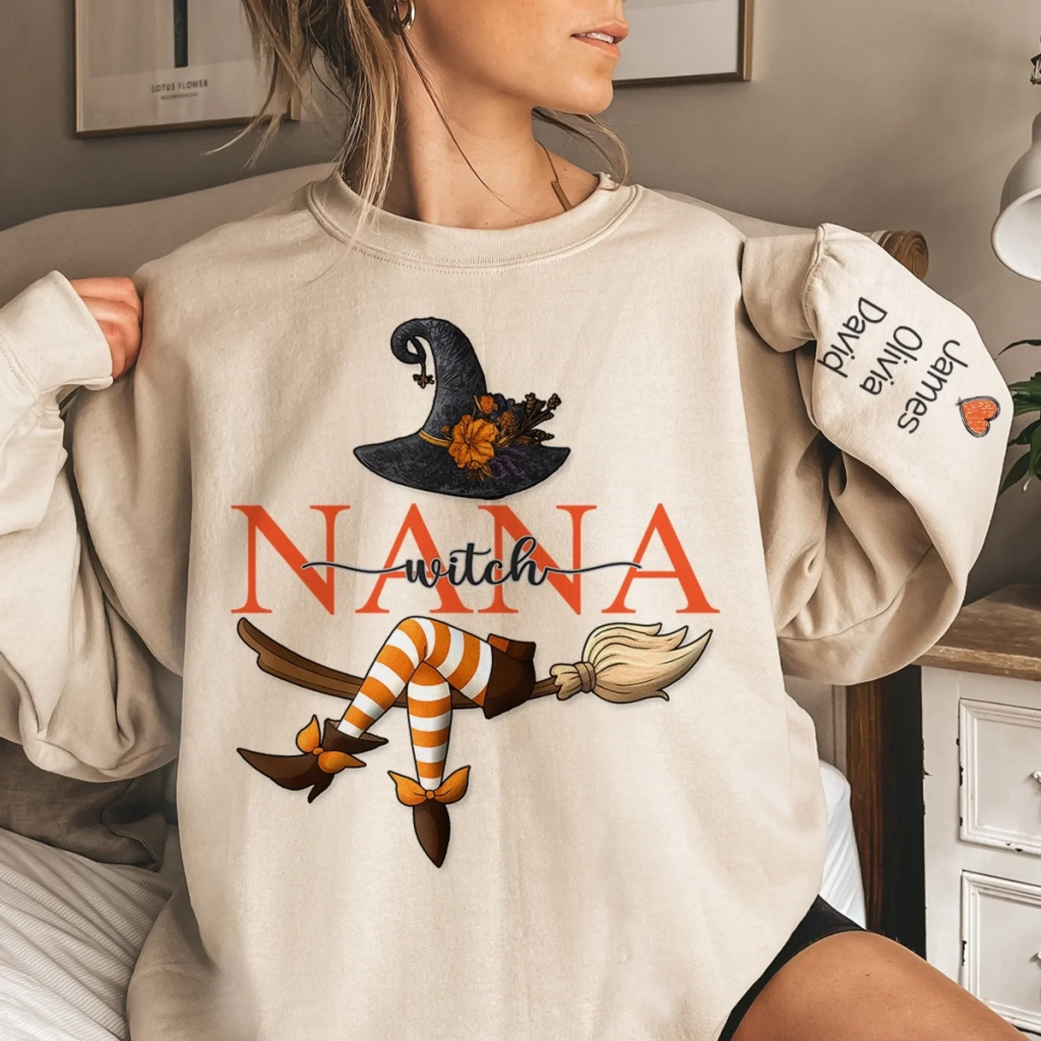 Custom Unisex Sweatshirt, Hoodie With Design On Sleeve - Personalized Halloween Birthday Gifts For Mom, Grandma - Bewitching Fun With Witchy Nana