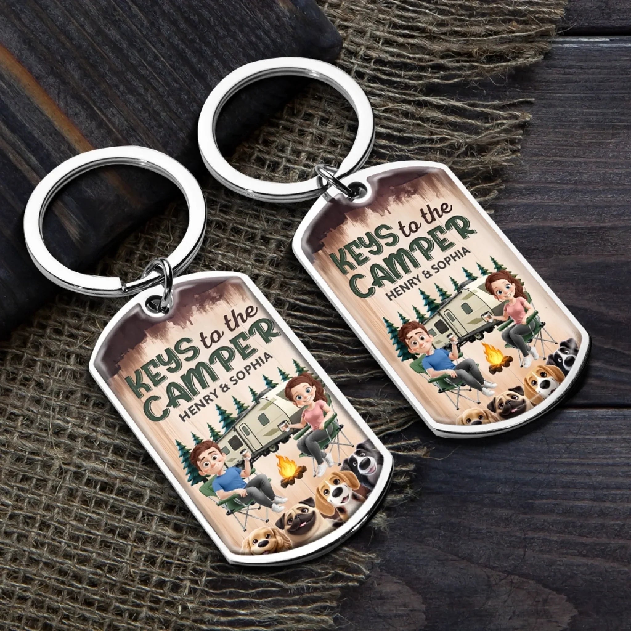 Custom Keychain - Personalized Birthday Camping Gifts For Husband And Wife, Dog Cat Lovers - Camper Vibes Only