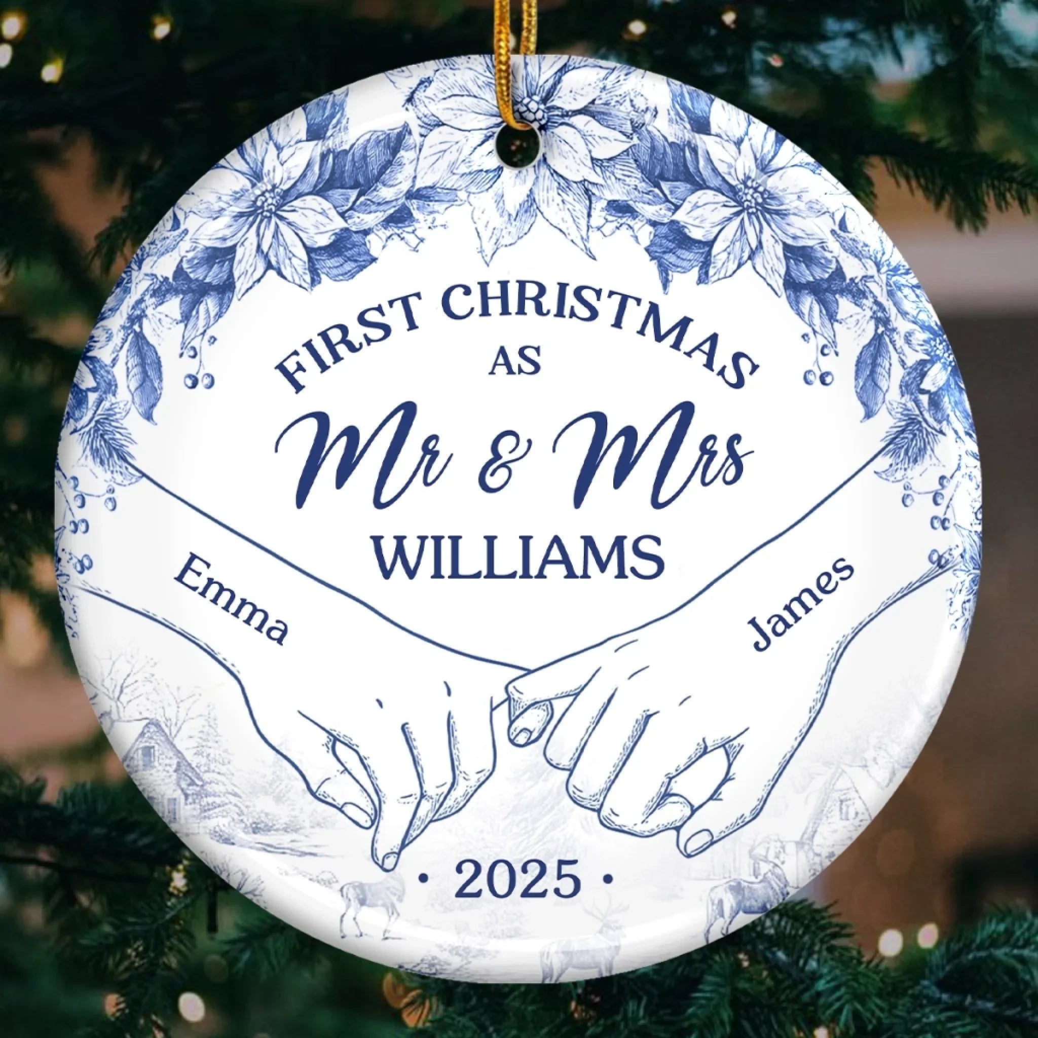 Custom Ceramic Ornament - Personalized Anniversary Christmas Wedding Gifts For Husband And Wife, Him And Her - Cozying Up As Newlyweds