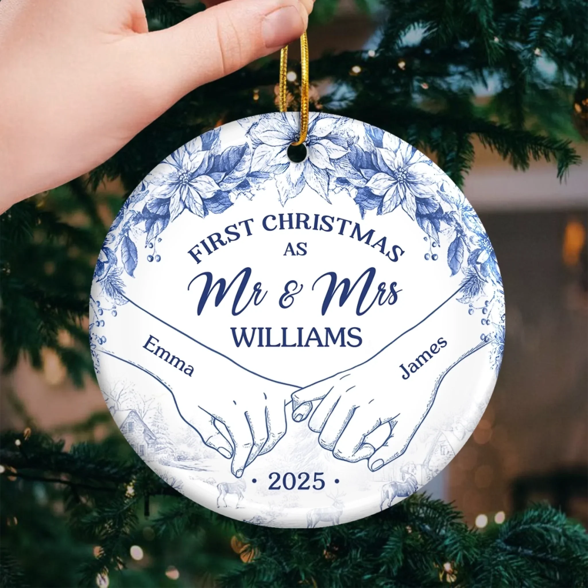 Custom Ceramic Ornament - Personalized Anniversary Christmas Wedding Gifts For Husband And Wife, Him And Her - Cozying Up As Newlyweds