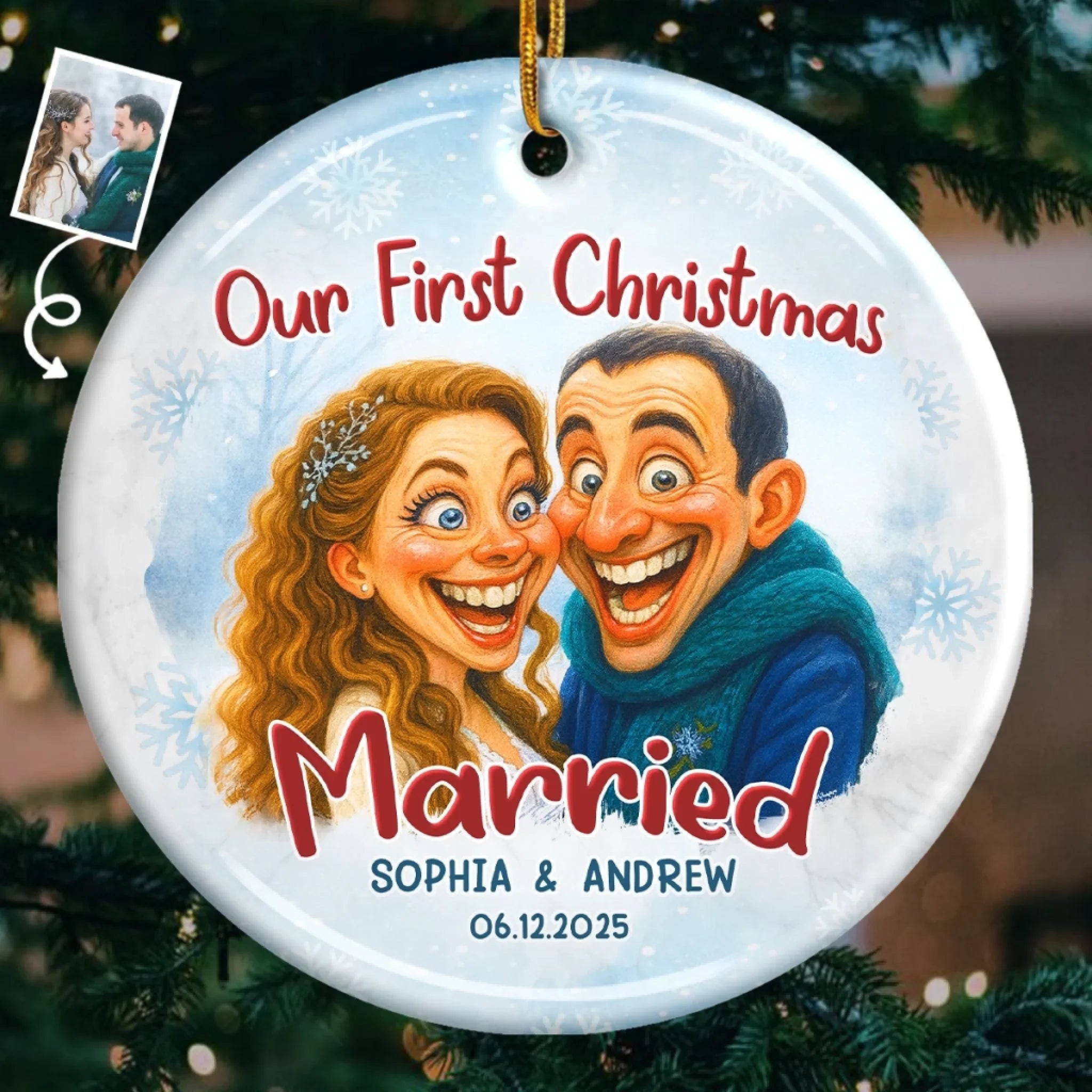 Custom Photo Funny Caricature Ceramic Ornament - Personalized Anniversary Christmas Wedding Gifts For Husband And Wife, Him And Her - Survived Our First Christmas As Mr And Mrs