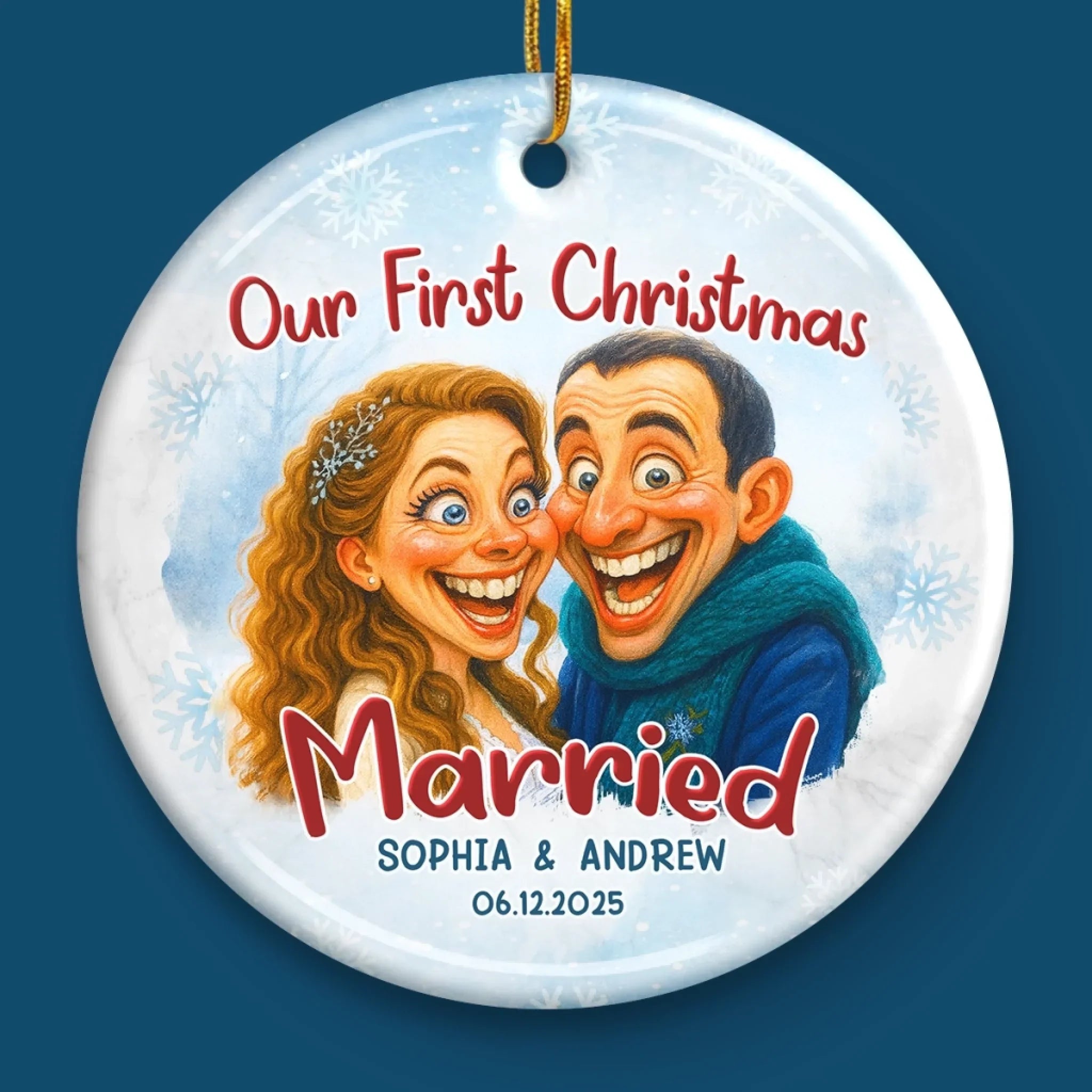 Custom Photo Funny Caricature Ceramic Ornament - Personalized Anniversary Christmas Wedding Gifts For Husband And Wife, Him And Her - Survived Our First Christmas As Mr And Mrs