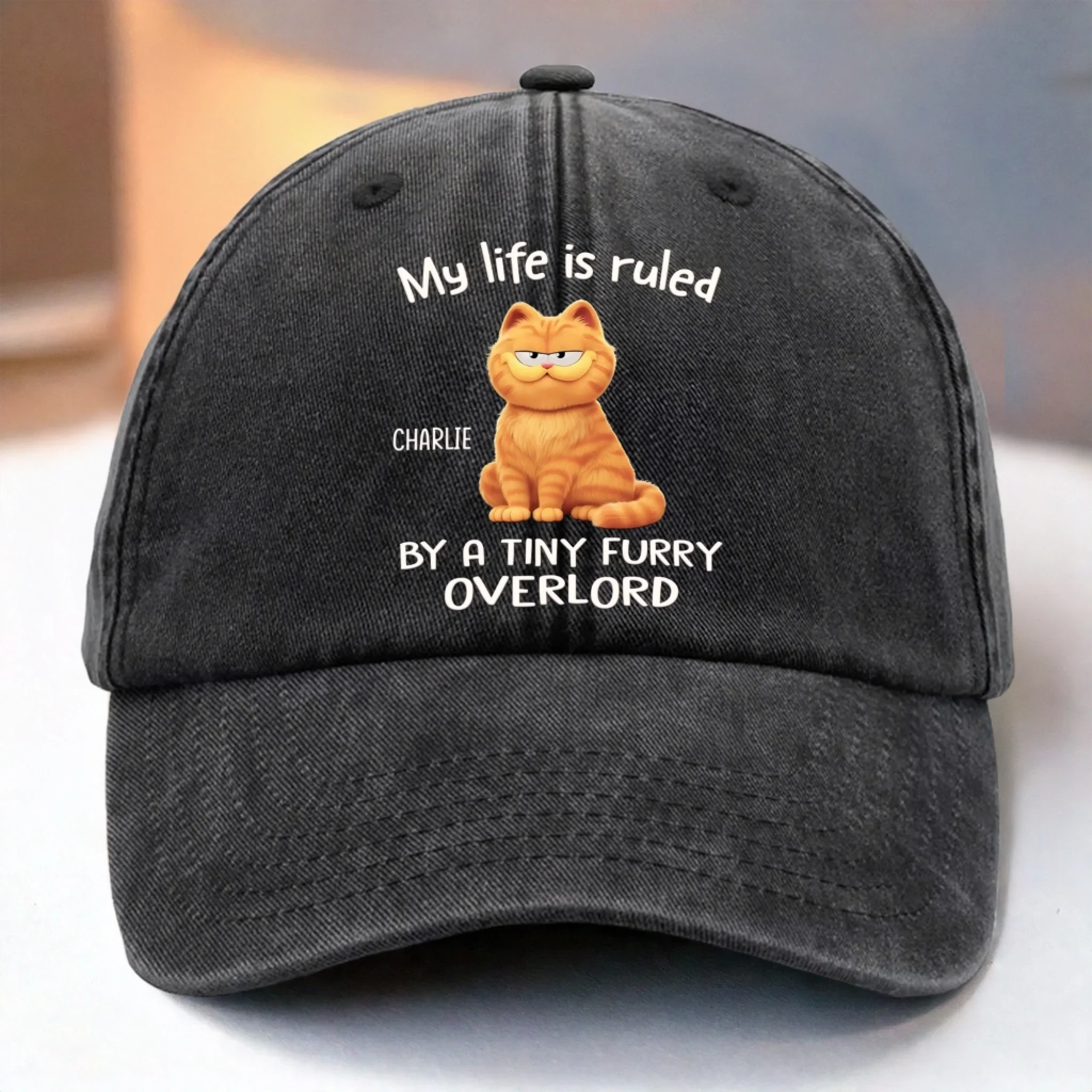 Custom Vintage Washed Denim Baseball Cap - Personalized Birthday Gifts For Cat Lovers, Cat Mom And Dad - All Hail The Fluff King