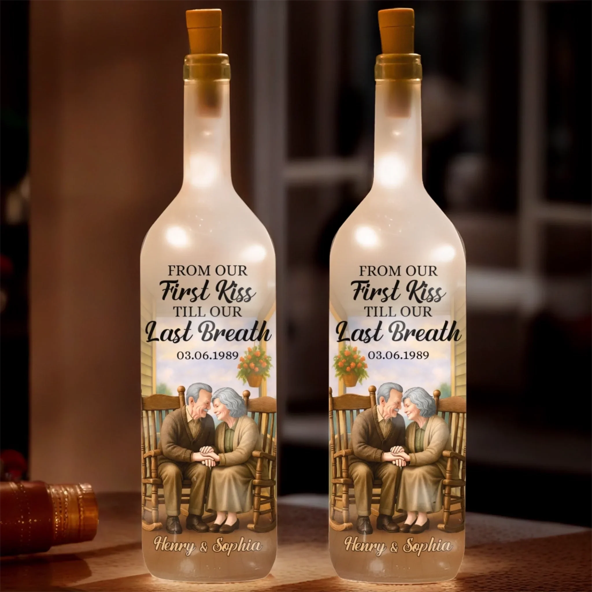 Custom Bottle Lamp - Personalized Anniversary Wedding Gifts For Husband And Wife, Him And Her - First Kiss, Endless True Love