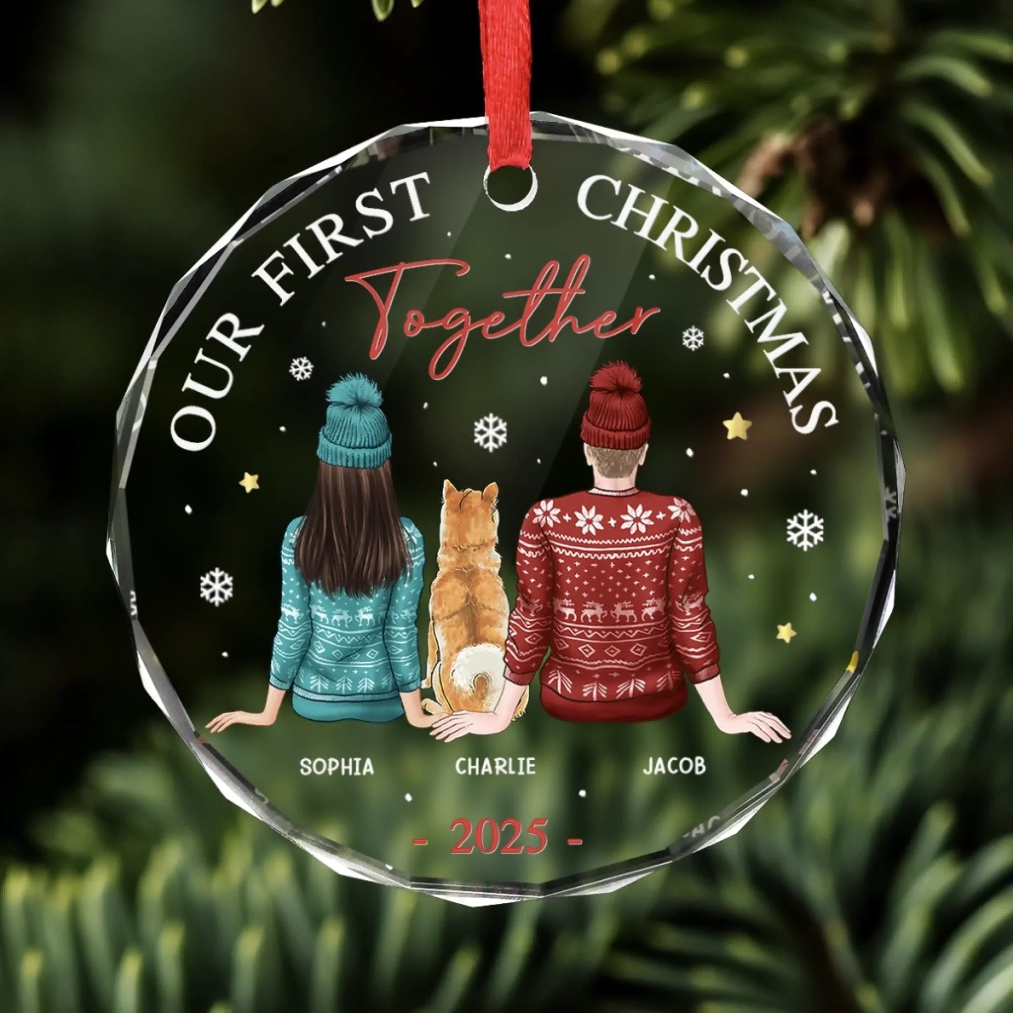 We're Together - Dog & Cat Personalized Custom Circle Glass Ornament - Christmas Gift For Husband Wife, Anniversary, First Christmas, Pet Owners, Pet Lovers