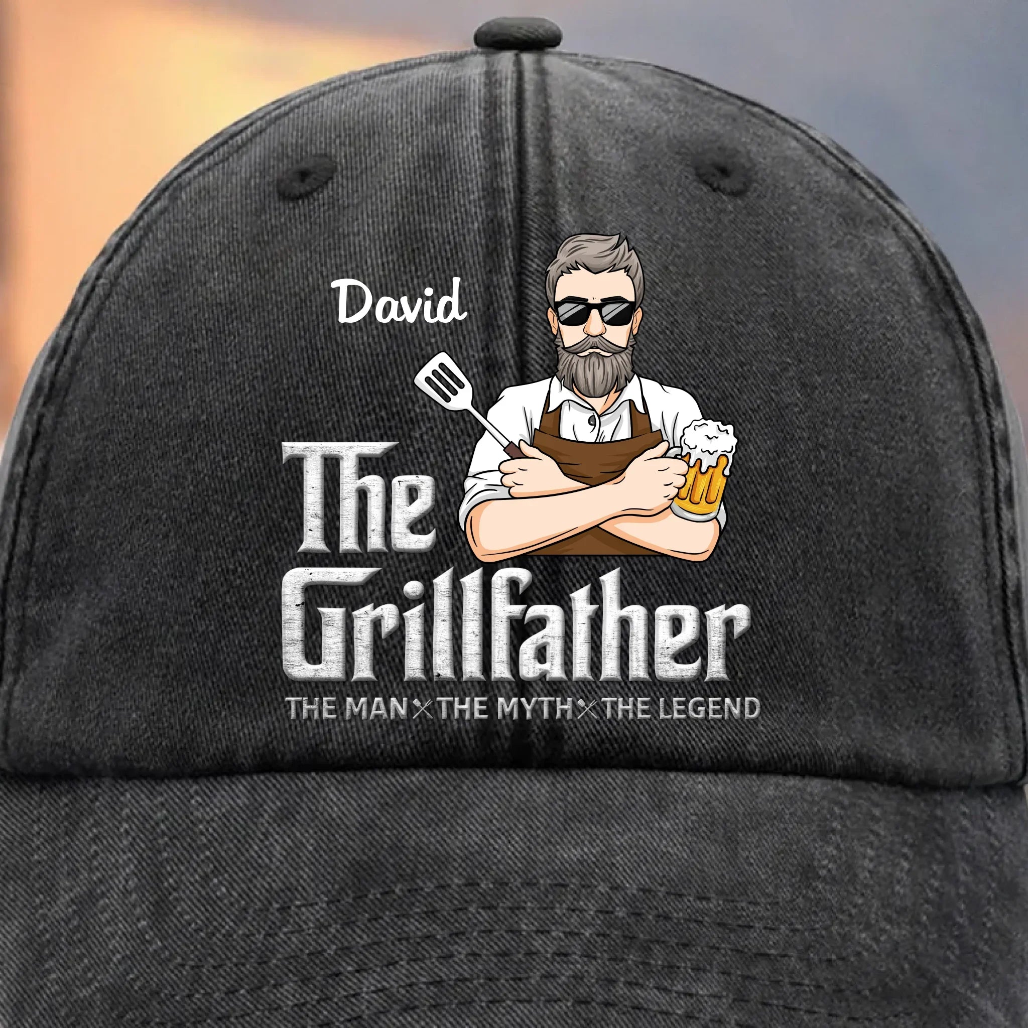 The Grillfather - Family Personalized Custom Vintage Washed Denim Baseball Cap - Father's Day, Gift For Dad, Grandpa