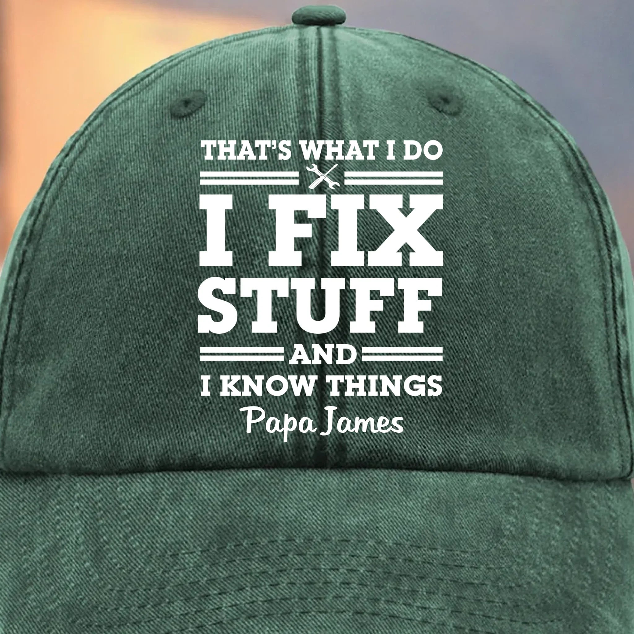 Papa Knows, Papa Fixes - Family Personalized Custom Vintage Washed Denim Baseball Cap - Father's Day, Gift For Dad, Grandpa