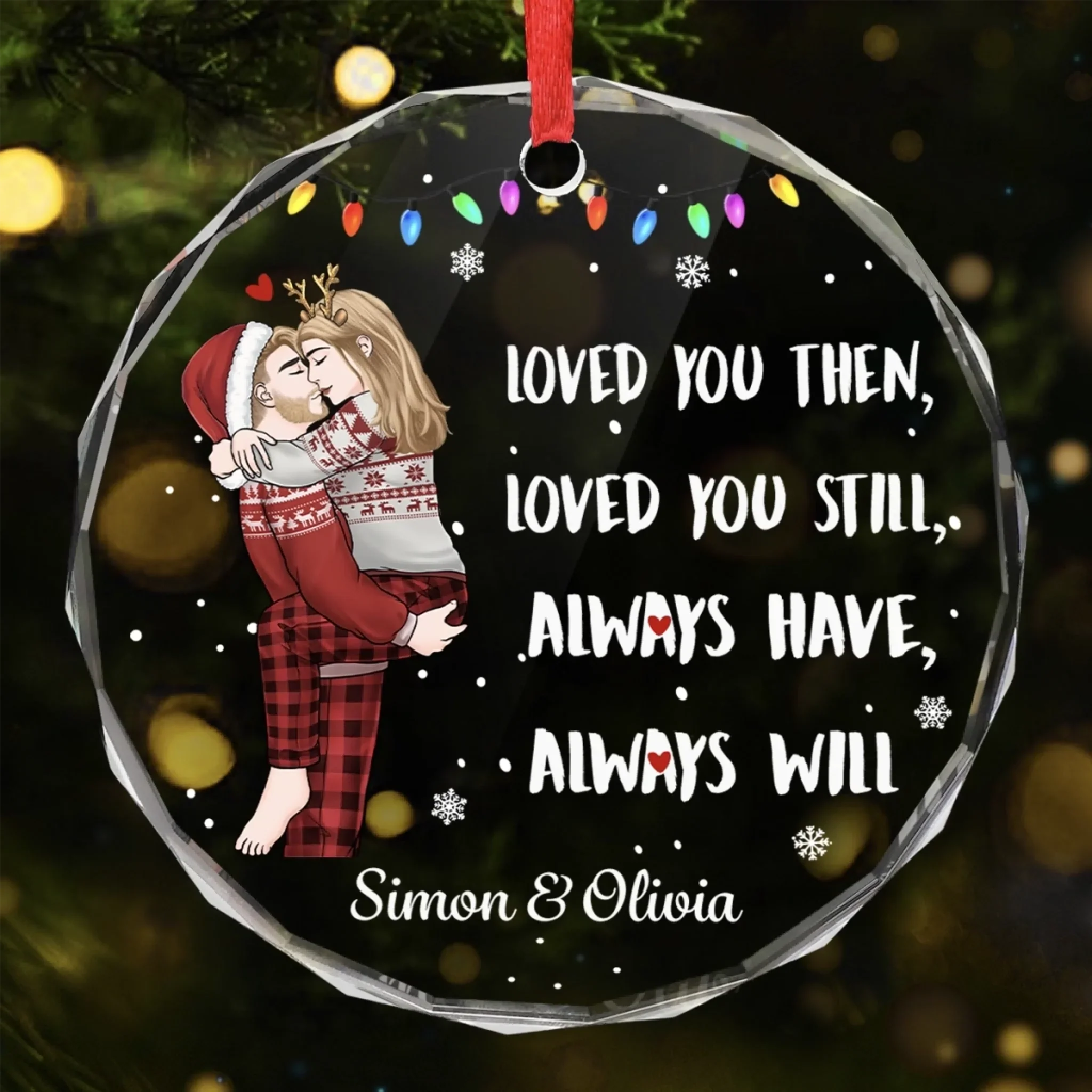 Custom Circle Glass Ornament - Personalized Anniversary Christmas Wedding Gifts For Husband And Wife, Him And Her - Our Forever Starts With A Kiss