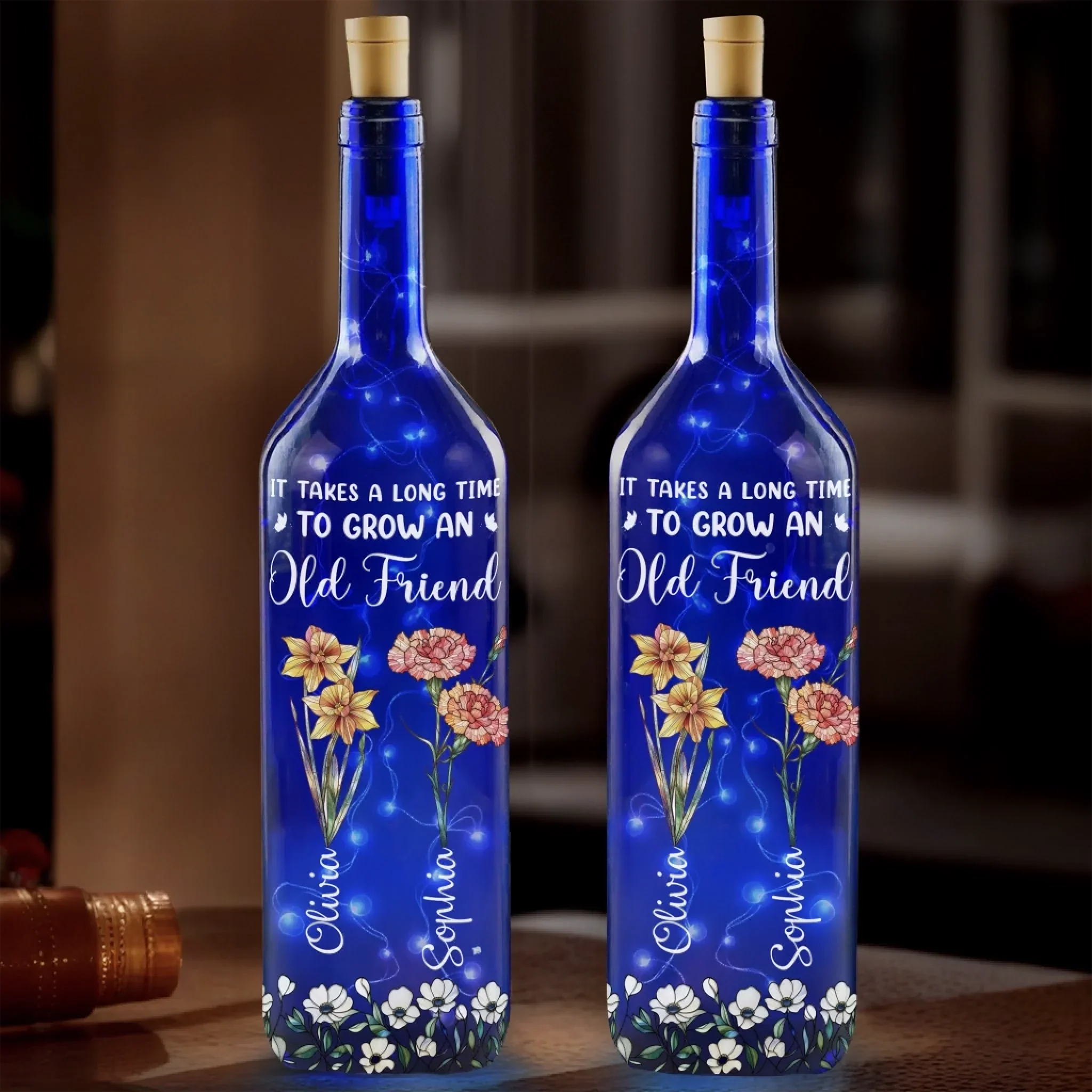 Custom Blue Bottle Lamp - Personalized Best Friend Birthday Gifts For Women, Besties, Sisters, BFF - A Light For Lifelong Friends