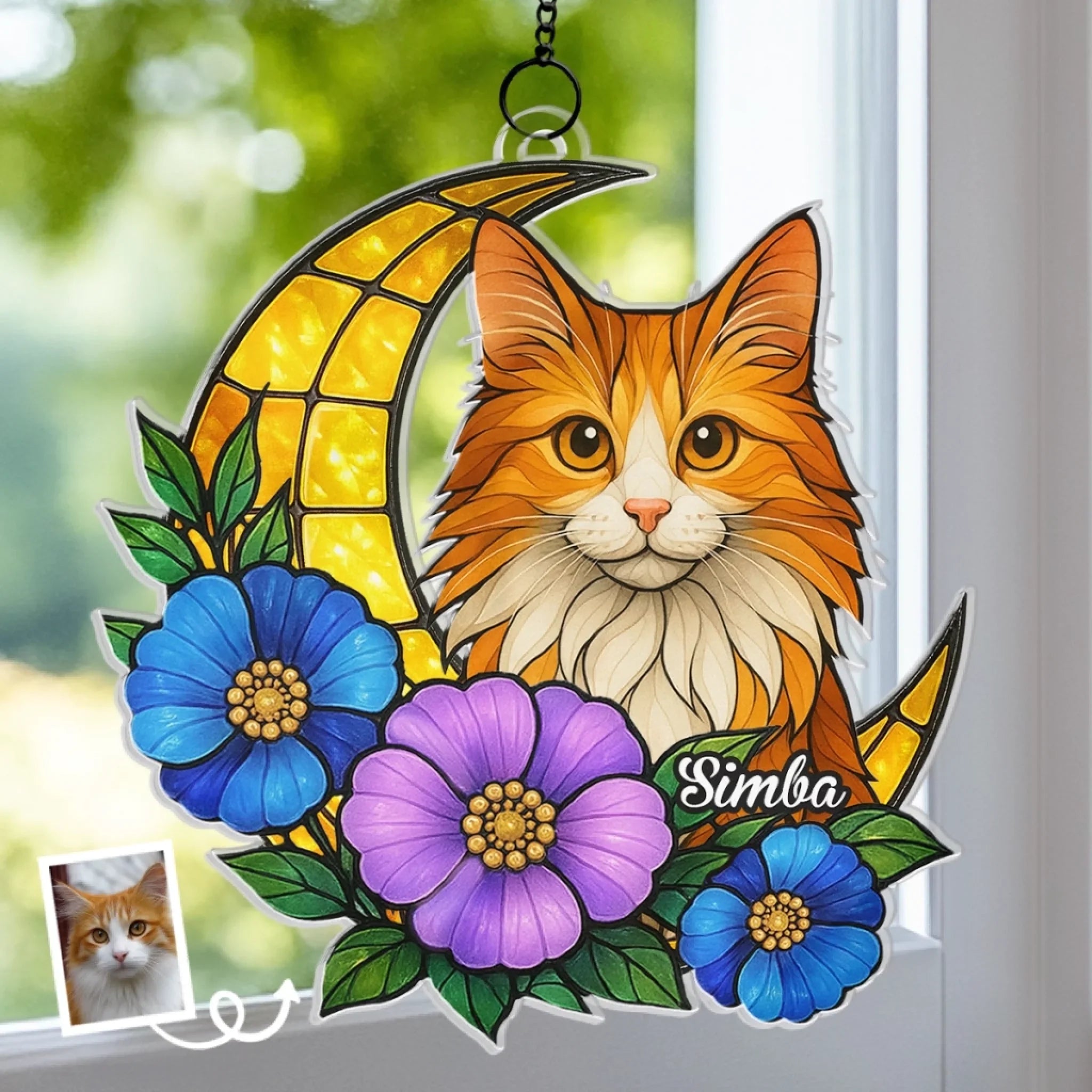 Custom Photo Window Hanging Suncatcher Ornament - Personalized Pet Memorial Sympathy Gifts For Dogs, Cats - Feline Dreams, Flower Beams