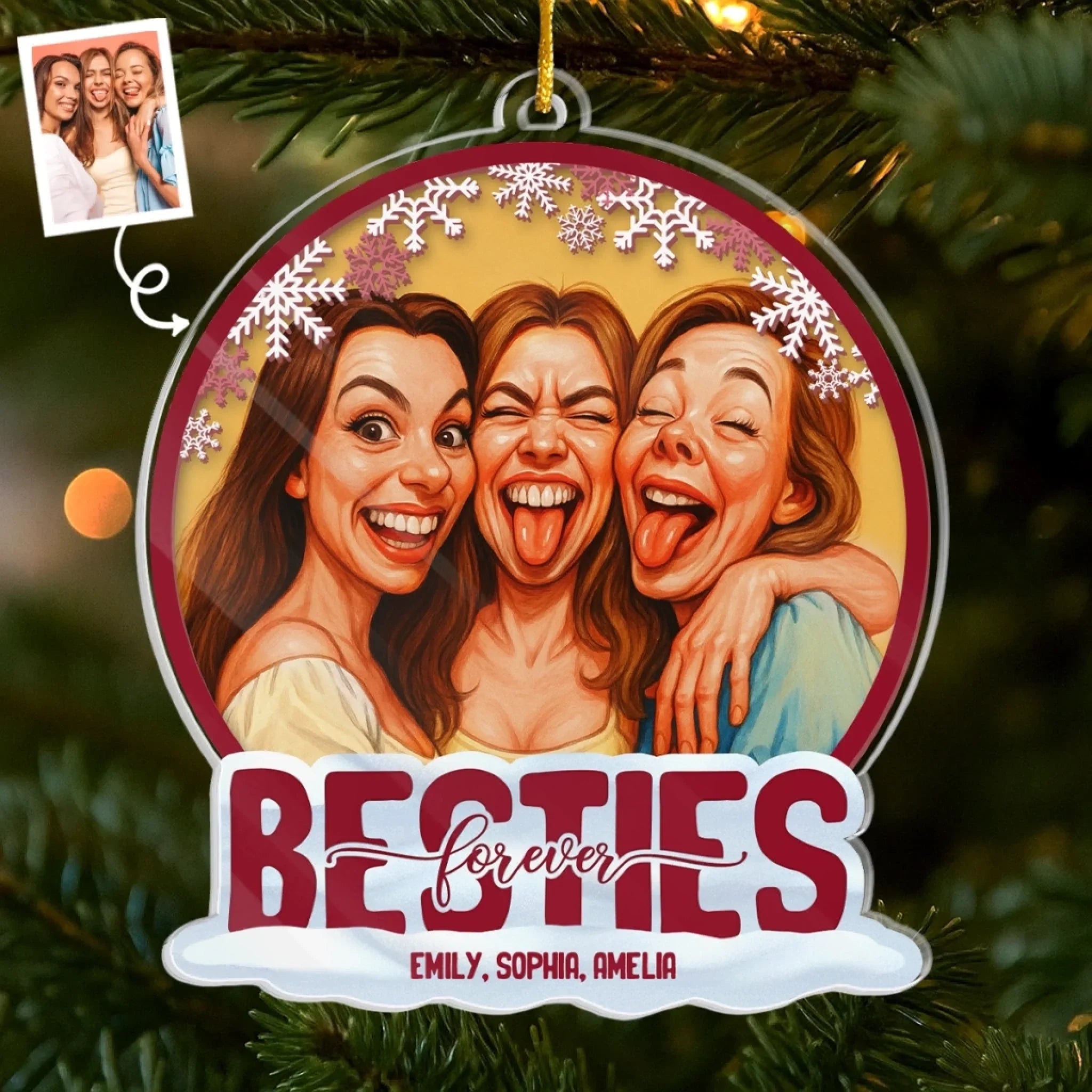 Custom Photo Funny Caricature Acrylic Ornament - Personalized Christmas Best Friend Birthday Gifts For Women, Besties, Sisters, BFF - Forever Connected