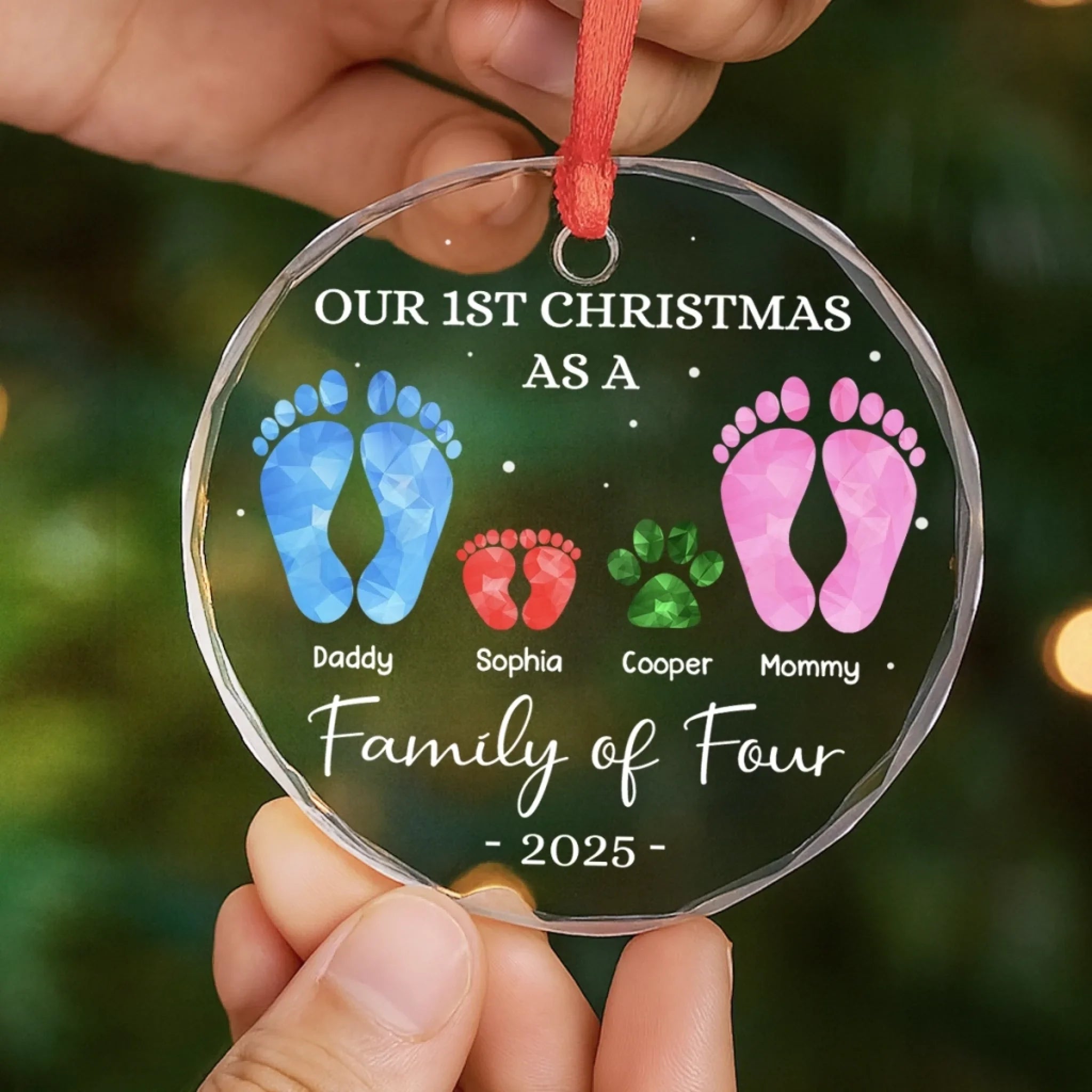 Custom Circle Glass Ornament - Personalized Christmas Birthday Gifts For Mom, Dad, Kids - Our First Christmas