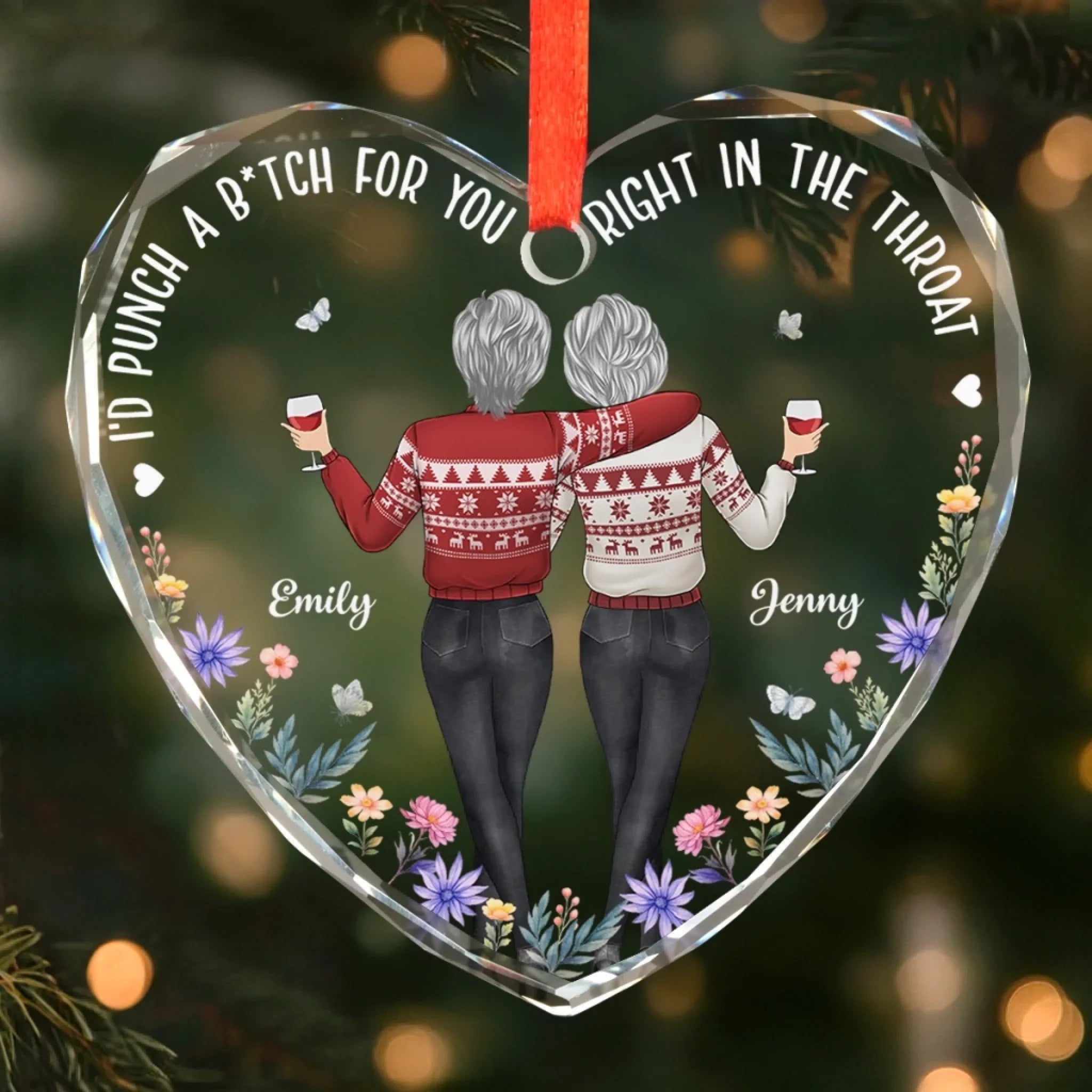 Custom Heart Glass Ornament - Personalized Christmas Best Friend Birthday Gifts For Women, Besties, Sisters, BFF - Sisters By Choice