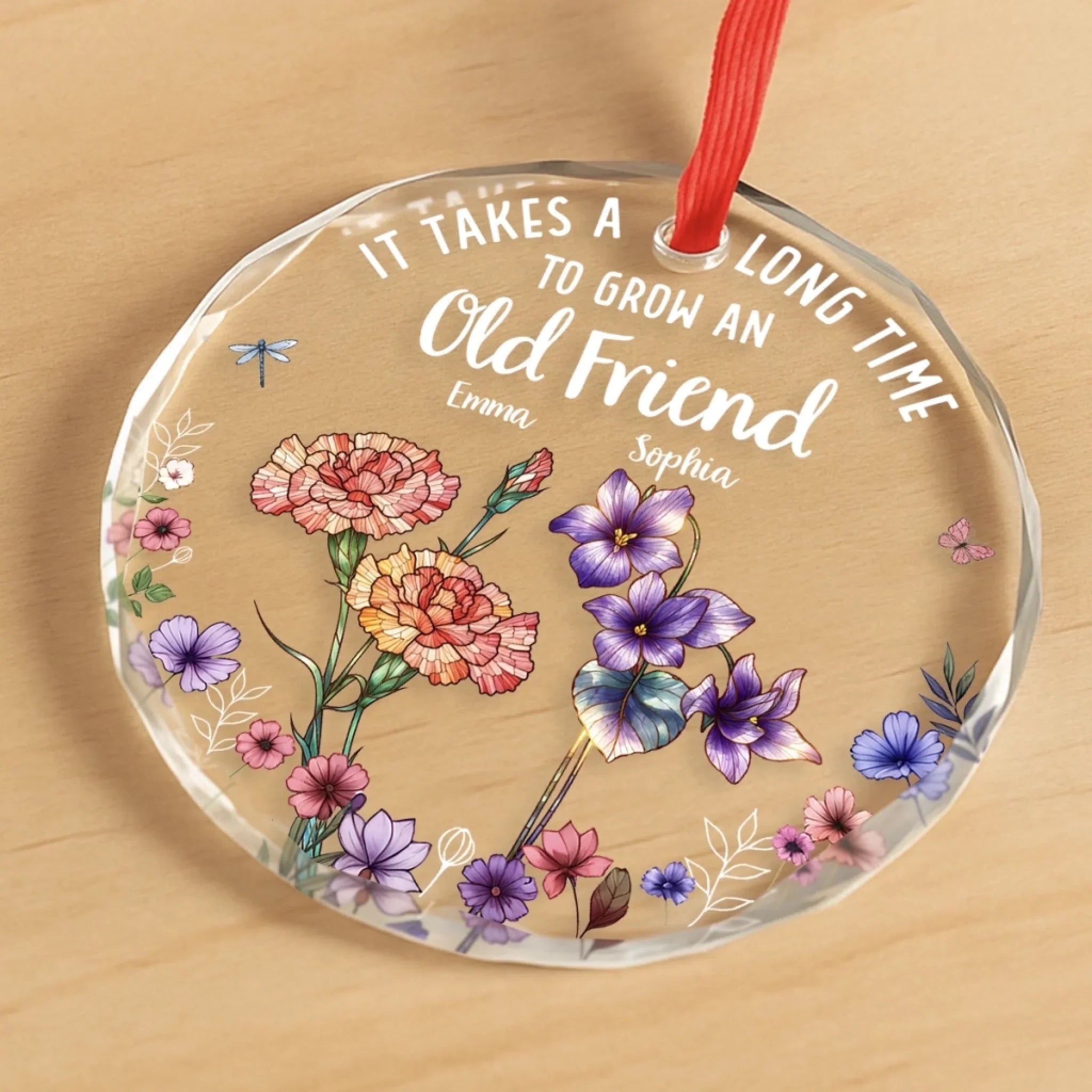 Custom Circle Glass Ornament - Personalized Christmas Best Friend Birthday Gifts For Women, Besties, Sisters, BFF - Friendship In Full Bloom