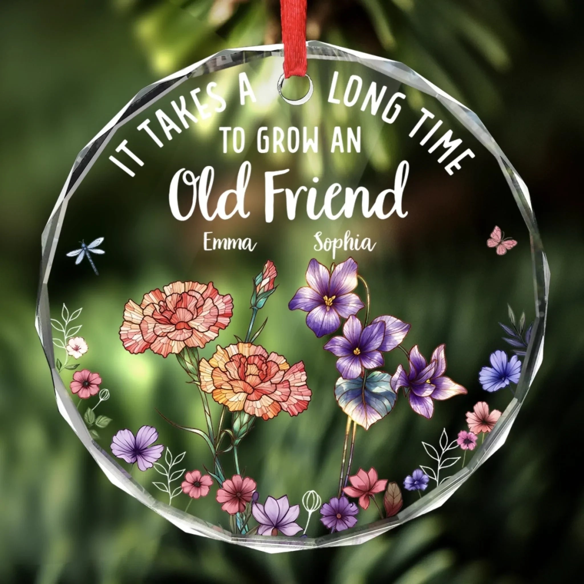Custom Circle Glass Ornament - Personalized Christmas Best Friend Birthday Gifts For Women, Besties, Sisters, BFF - Friendship In Full Bloom