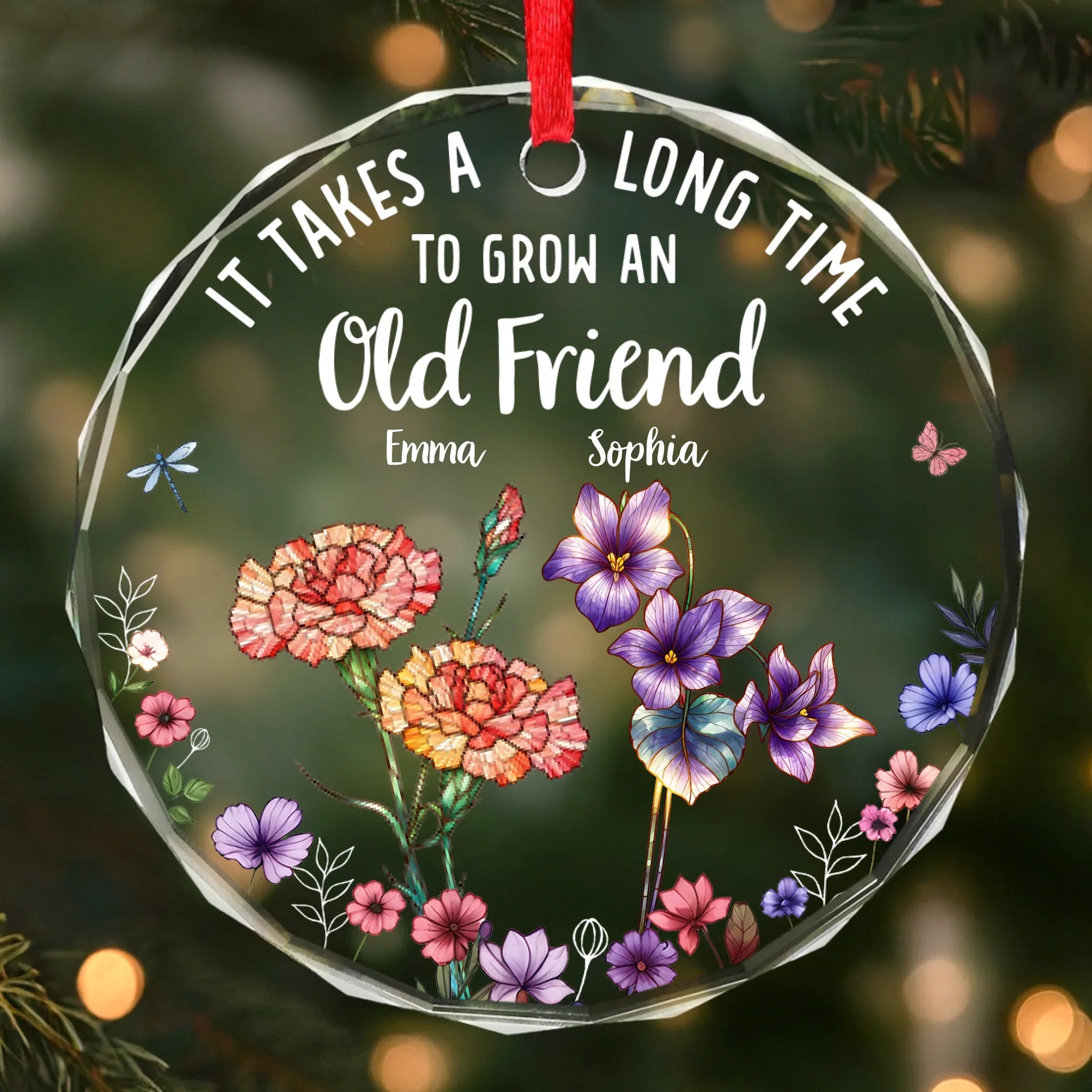 Custom Circle Glass Ornament - Personalized Christmas Best Friend Birthday Gifts For Women, Besties, Sisters, BFF - Friendship In Full Bloom
