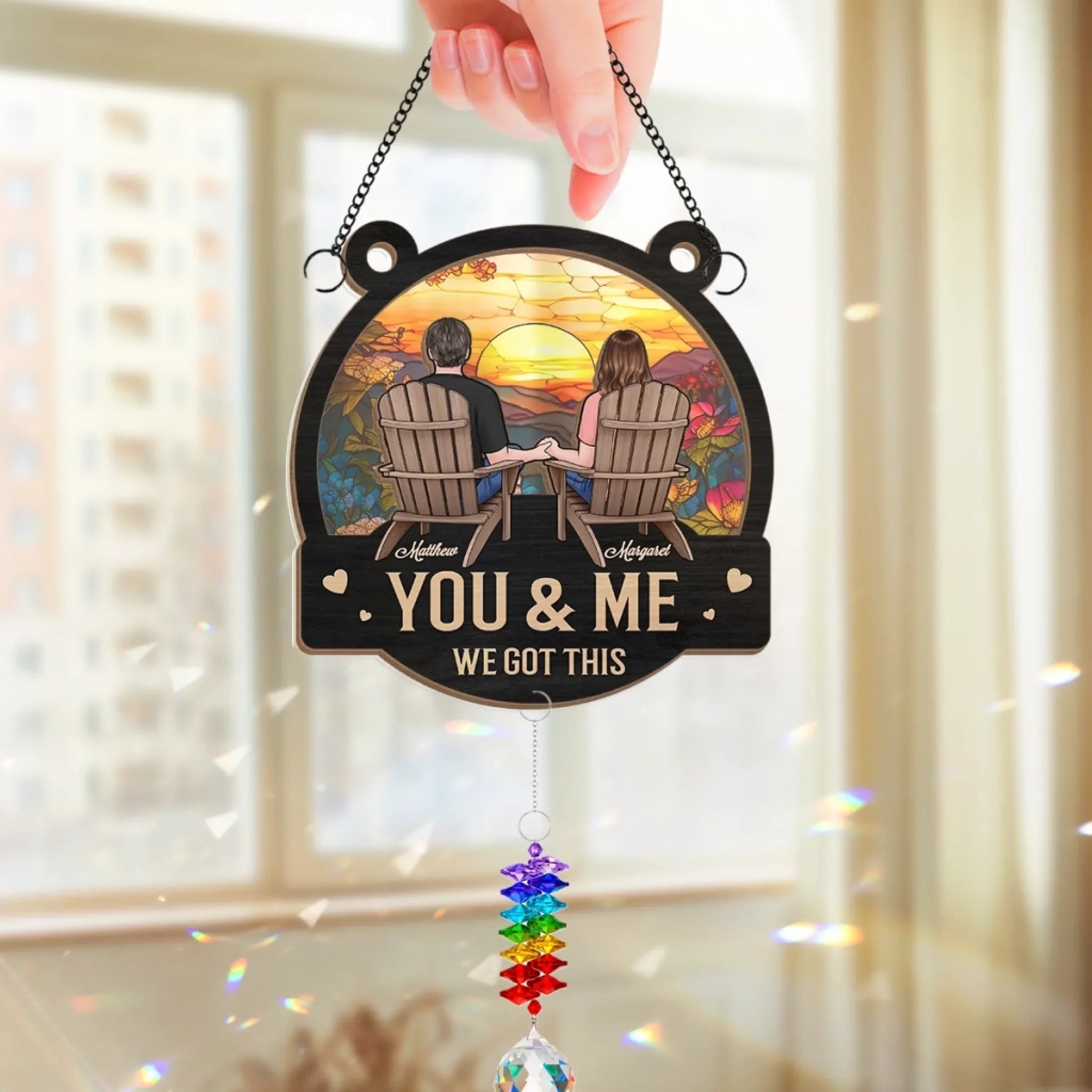 Custom Wood And Acrylic Suncatcher With Crystal Prism - Personalized Anniversary Wedding Gifts For Husband And Wife, Him And Her - Sunset Is Sweeter With You