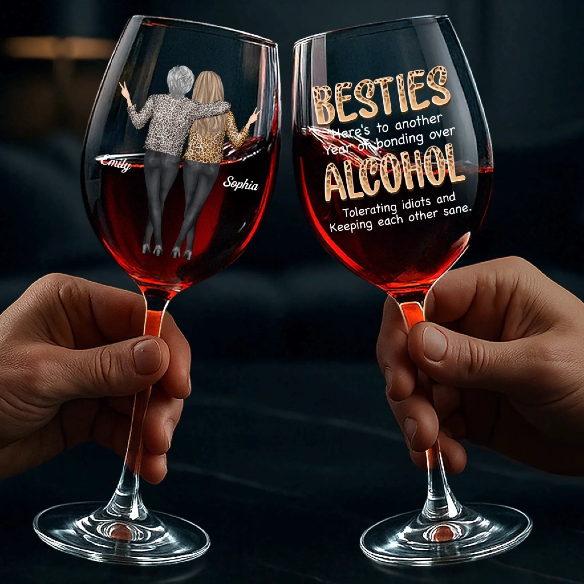 Custom Stemmed Wine Glass - Personalized Best Friend Birthday Gifts For Women, Besties, Sisters, BFF - Sip Happens, Besties Forever