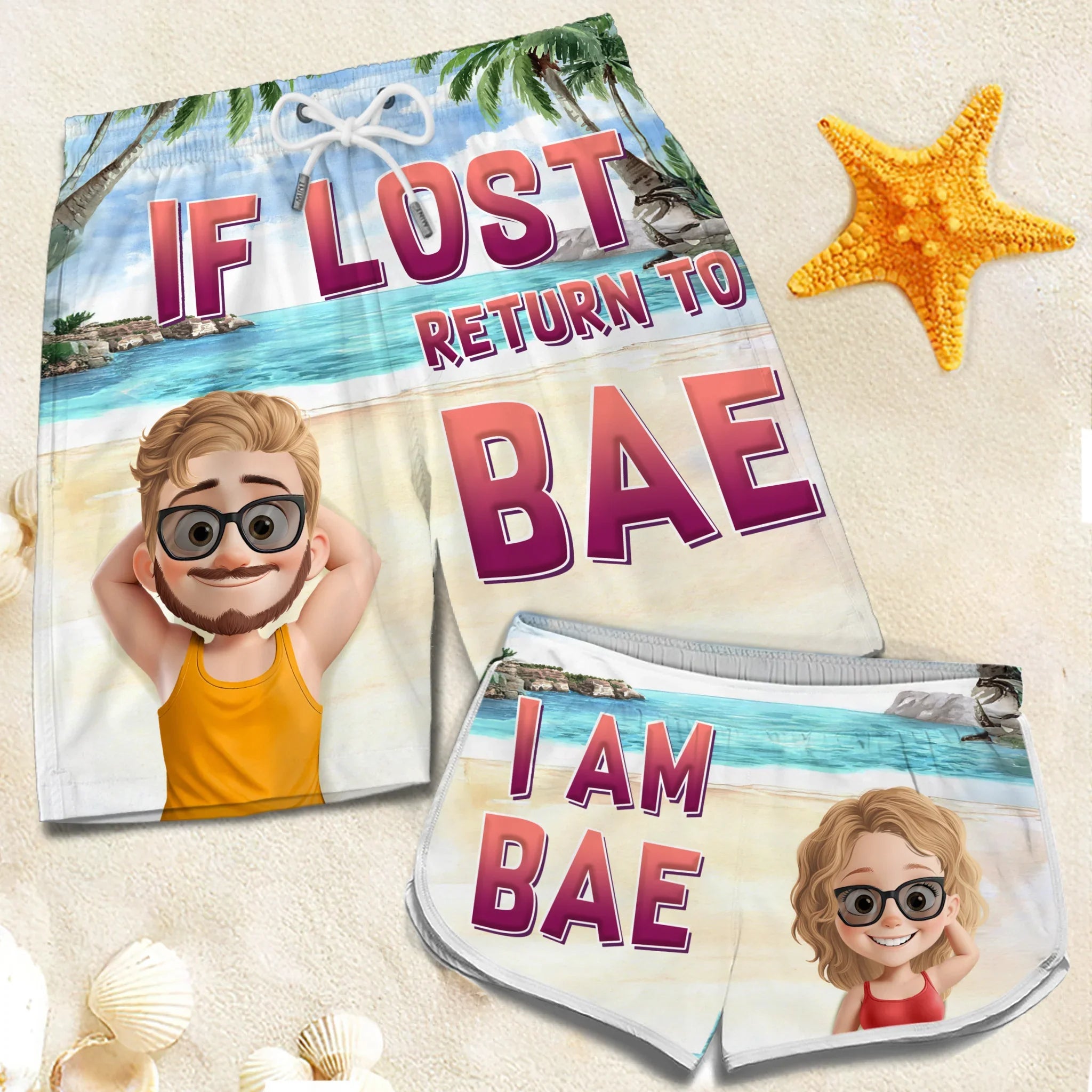 Lost And Found With Bae - Funny Personalized Custom Tropical Hawaiian Aloha Couple Beach Shorts - Summer Vacation Gift, Birthday Party Gift For Husband Wife