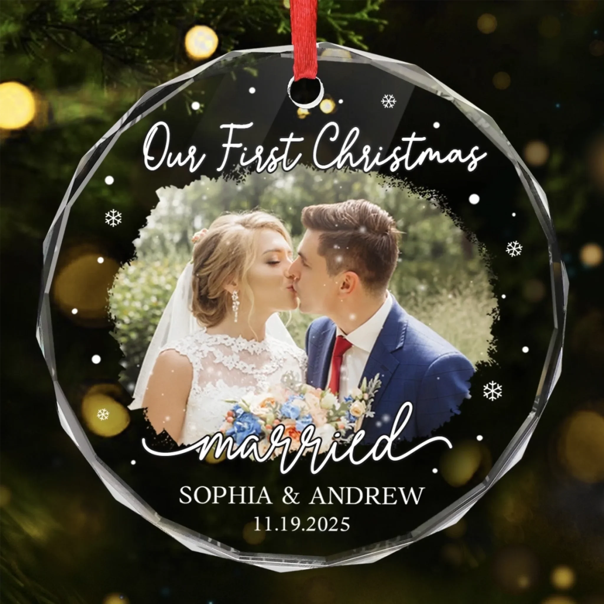 Custom Photo Our First Christmas As Mr & Mrs - Couple Personalized Custom Circle Glass Ornament - New Arrival, Christmas Gift For Husband Wife, Anniversary, First Christmas AMZ