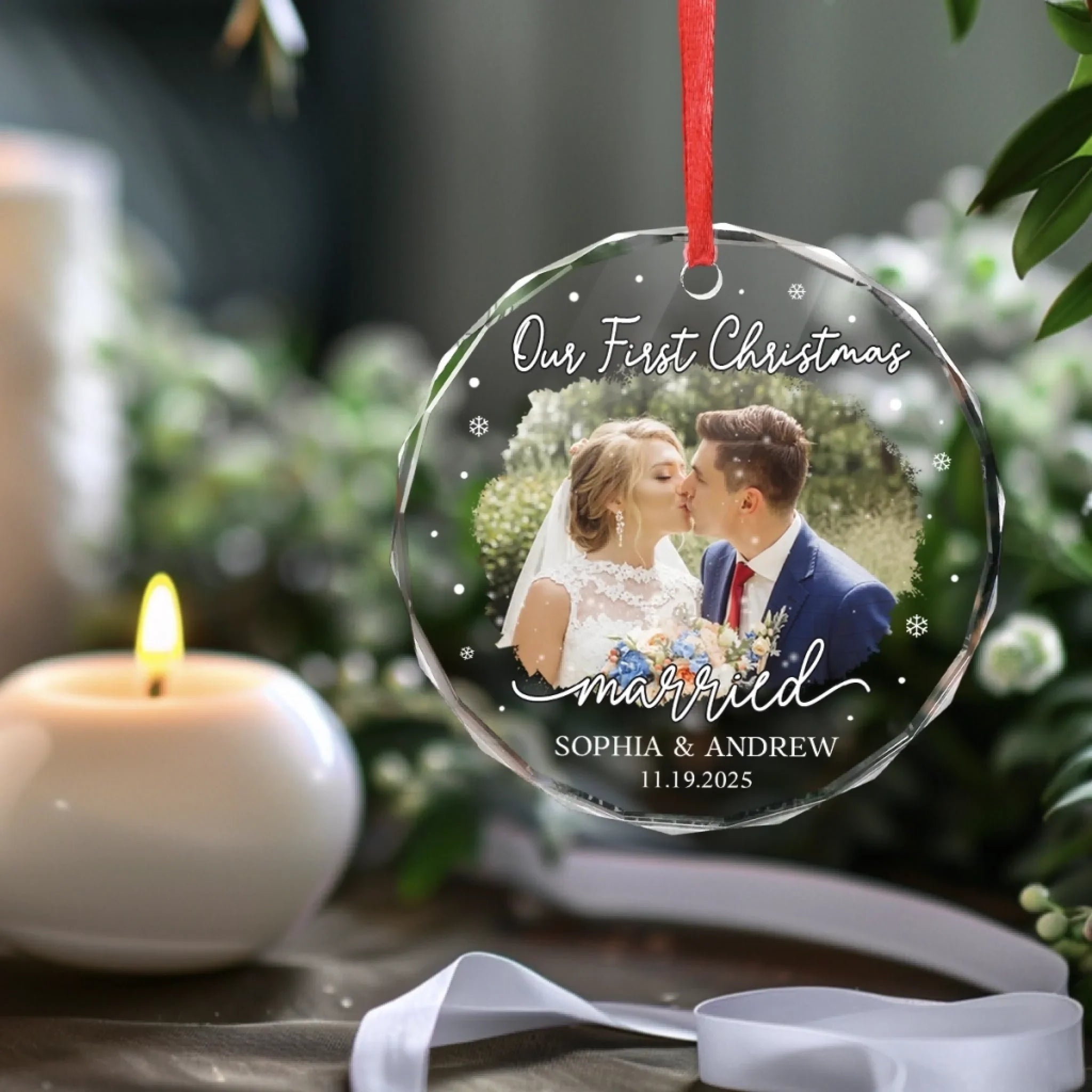 Custom Photo Our First Christmas As Mr & Mrs - Couple Personalized Custom Circle Glass Ornament - New Arrival, Christmas Gift For Husband Wife, Anniversary, First Christmas AMZ