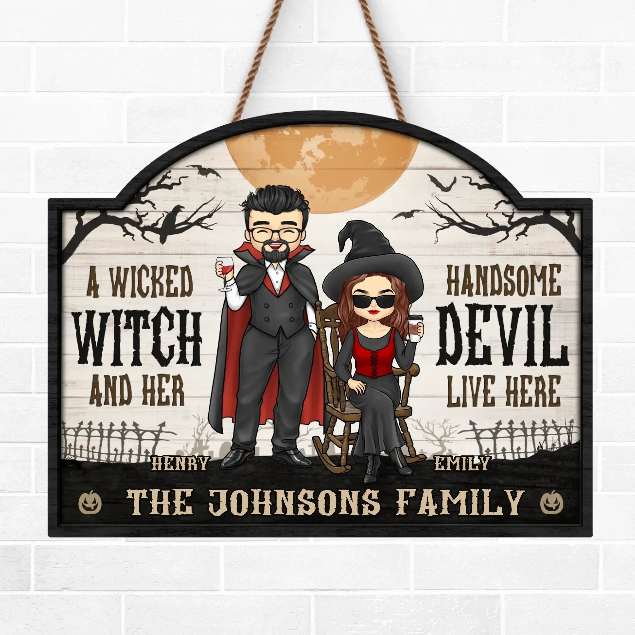 A Wicked Witch And Her Handsome Devil Live Here - Couple Personalized Custom Home Decor Wood Sign - Halloween Gift For Husband Wife, Anniversary