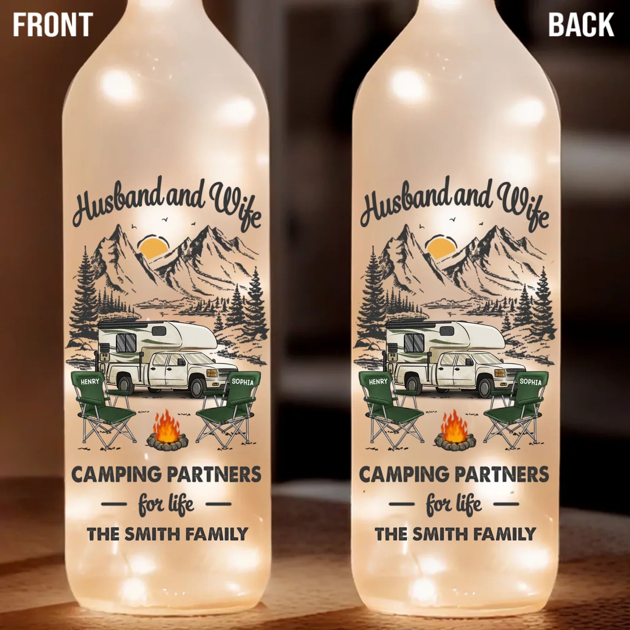 Campfires And Kisses, Forever And Always - Couple Personalized Custom Bottle Lamp - Gift For Husband Wife, Camping Lovers