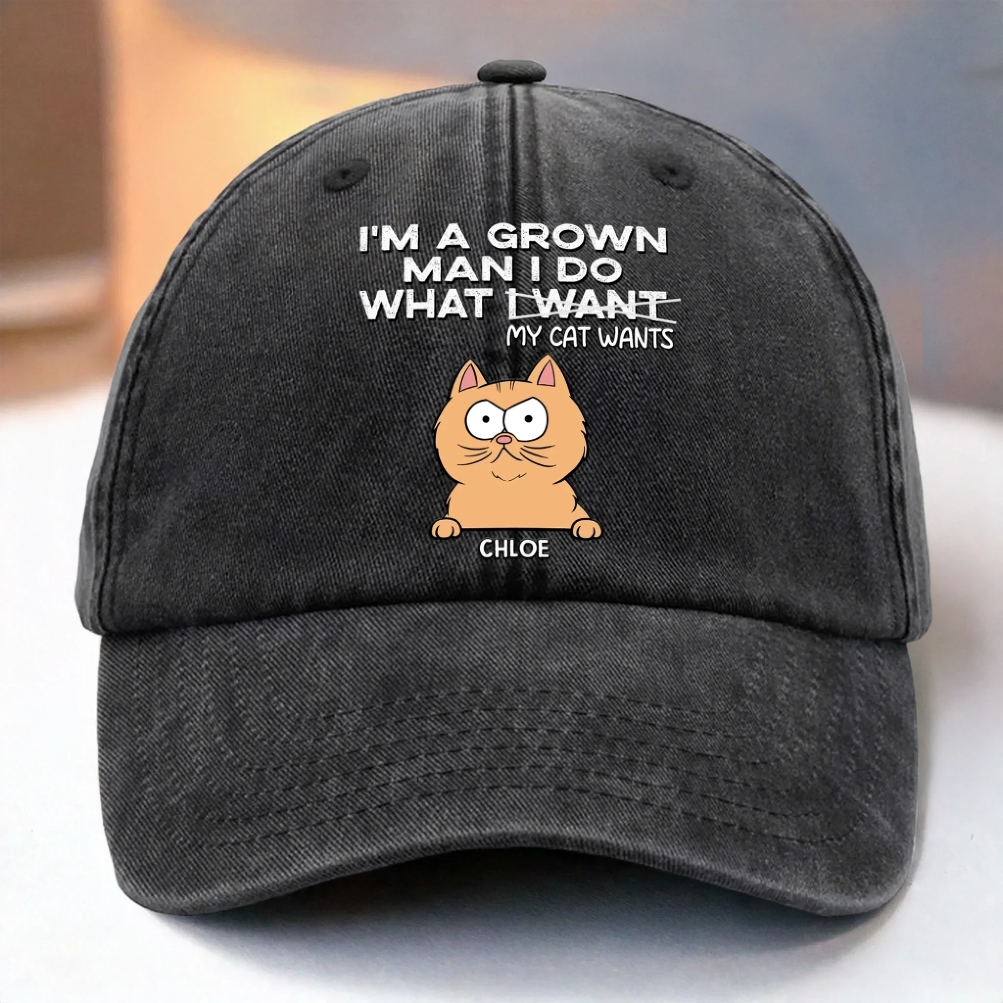 Custom Vintage Washed Denim Baseball Cap - Personalized Birthday Gifts For Cat Lovers, Cat Mom And Dad - Purr More Stress Less