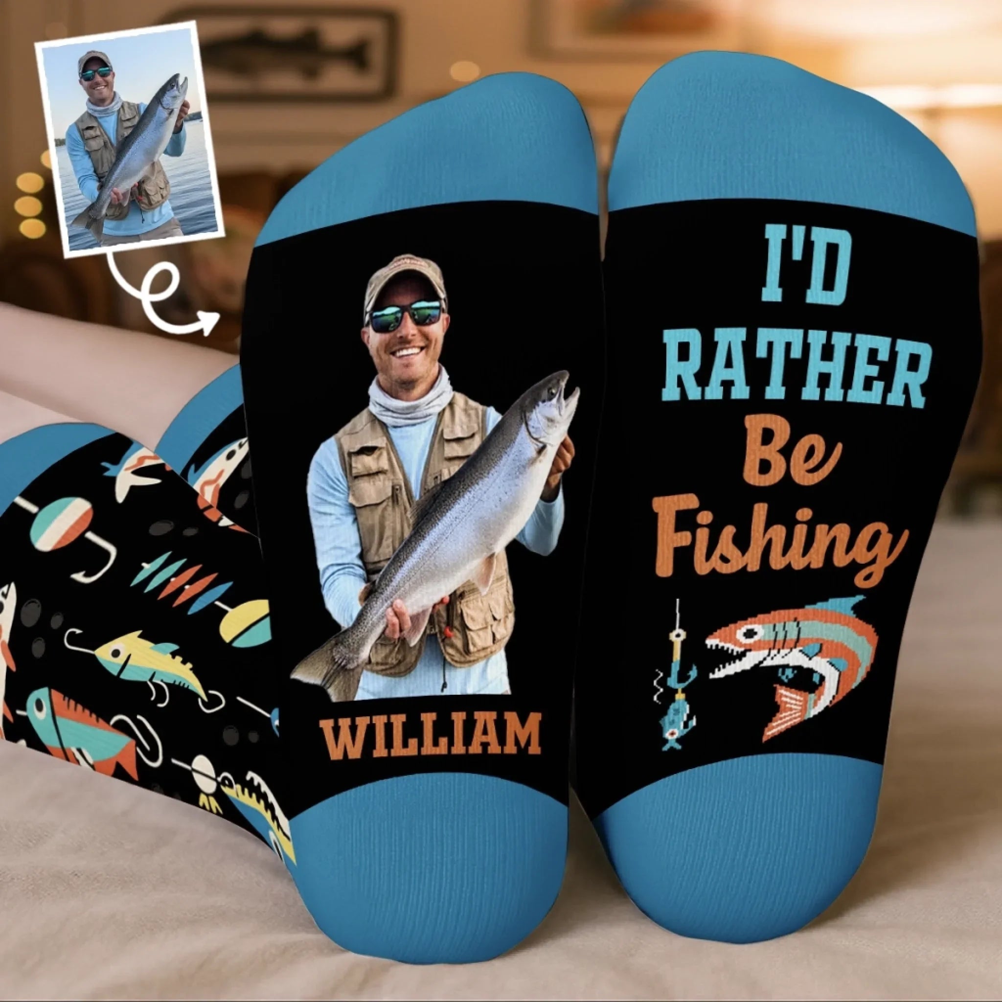 Custom Photo Crew Socks - Personalized Christmas Birthday Fishing Gifts For Fisherman - Professional Line Caster