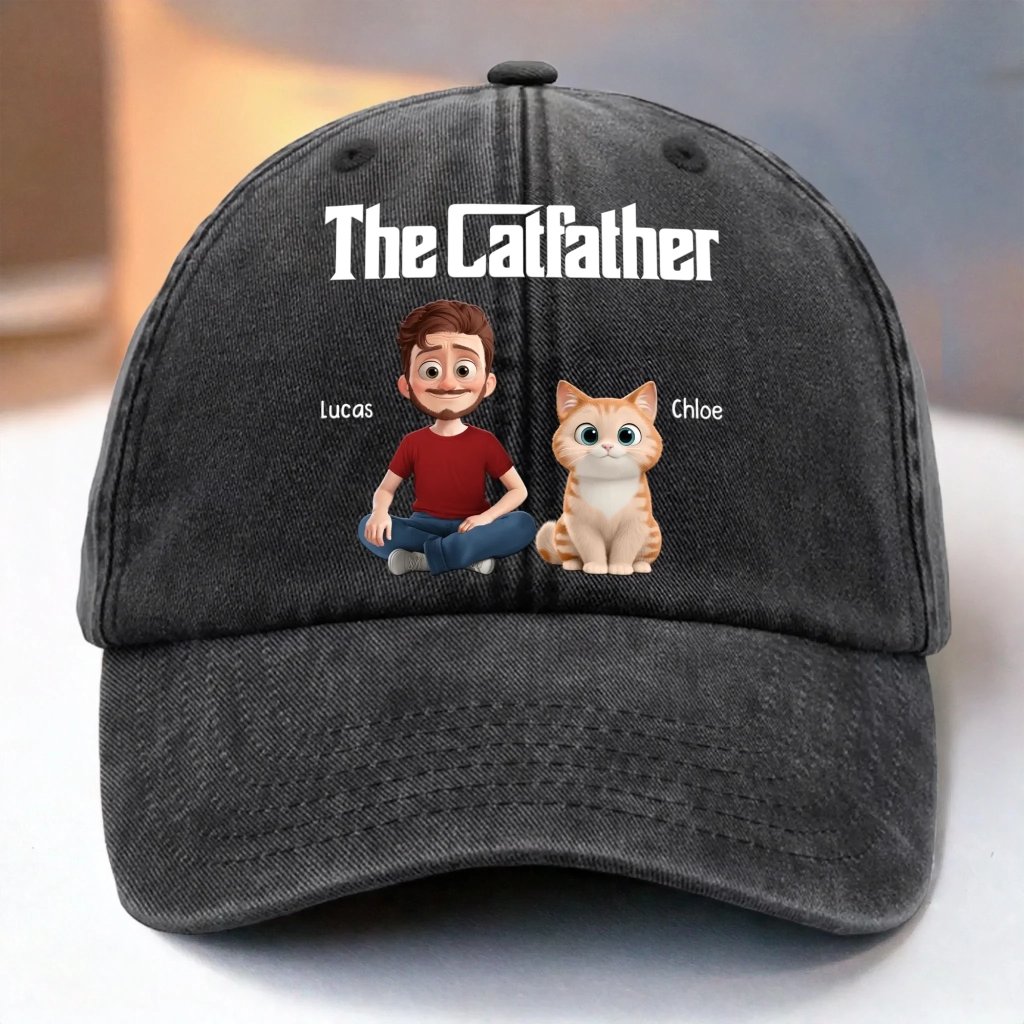 Custom Vintage Washed Denim Baseball Cap - Personalized Birthday Gifts For Cat Lovers, Cat Mom And Dad - Feline Father Figure