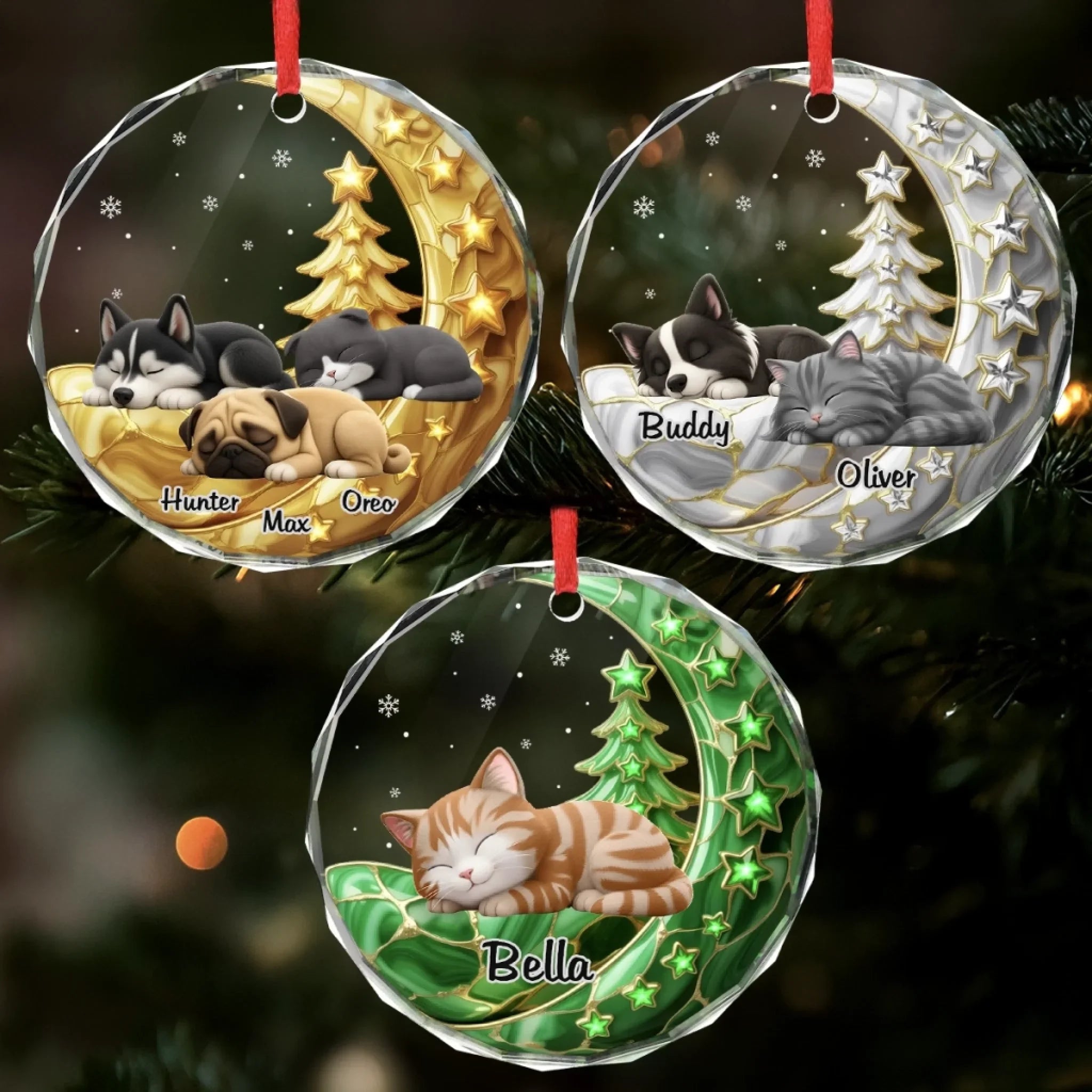 Custom Circle Glass Ornament - Personalized Christmas Birthday Gifts For Dog Cat Lovers, Dog Dad And Mom, Cat Owners - Loved More With My Pet