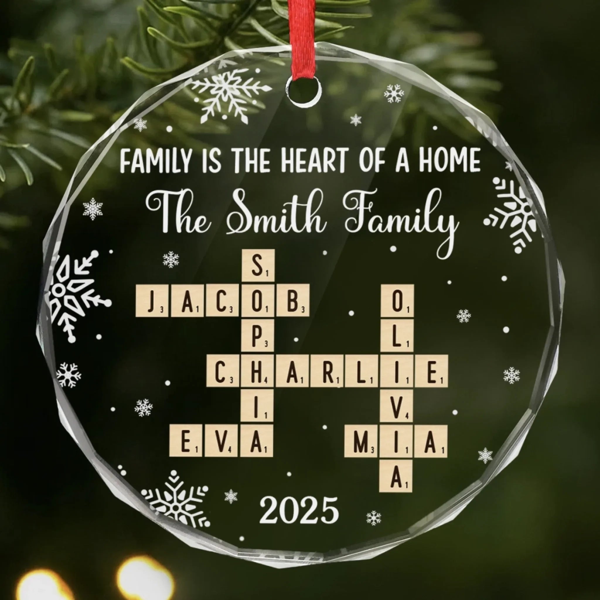 Custom Scrabble Circle Glass Ornament - Personalized Christmas Birthday Gifts For Mom, Dad, Brother, Sister, Kids - Home Built With Shared Love