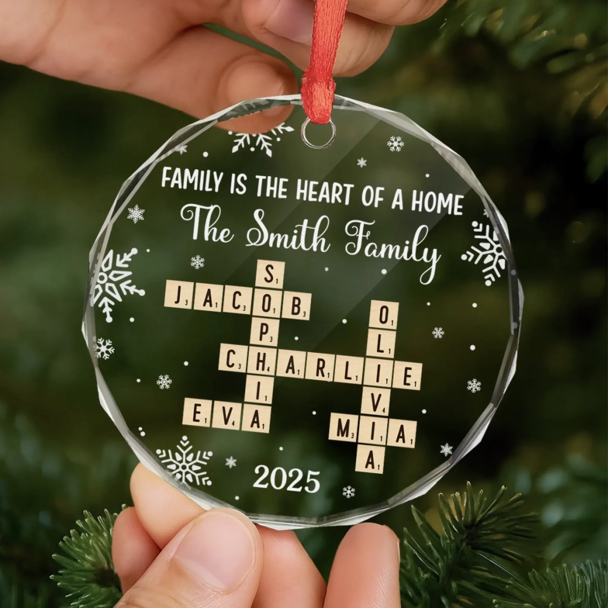 Custom Scrabble Circle Glass Ornament - Personalized Christmas Birthday Gifts For Mom, Dad, Brother, Sister, Kids - Home Built With Shared Love