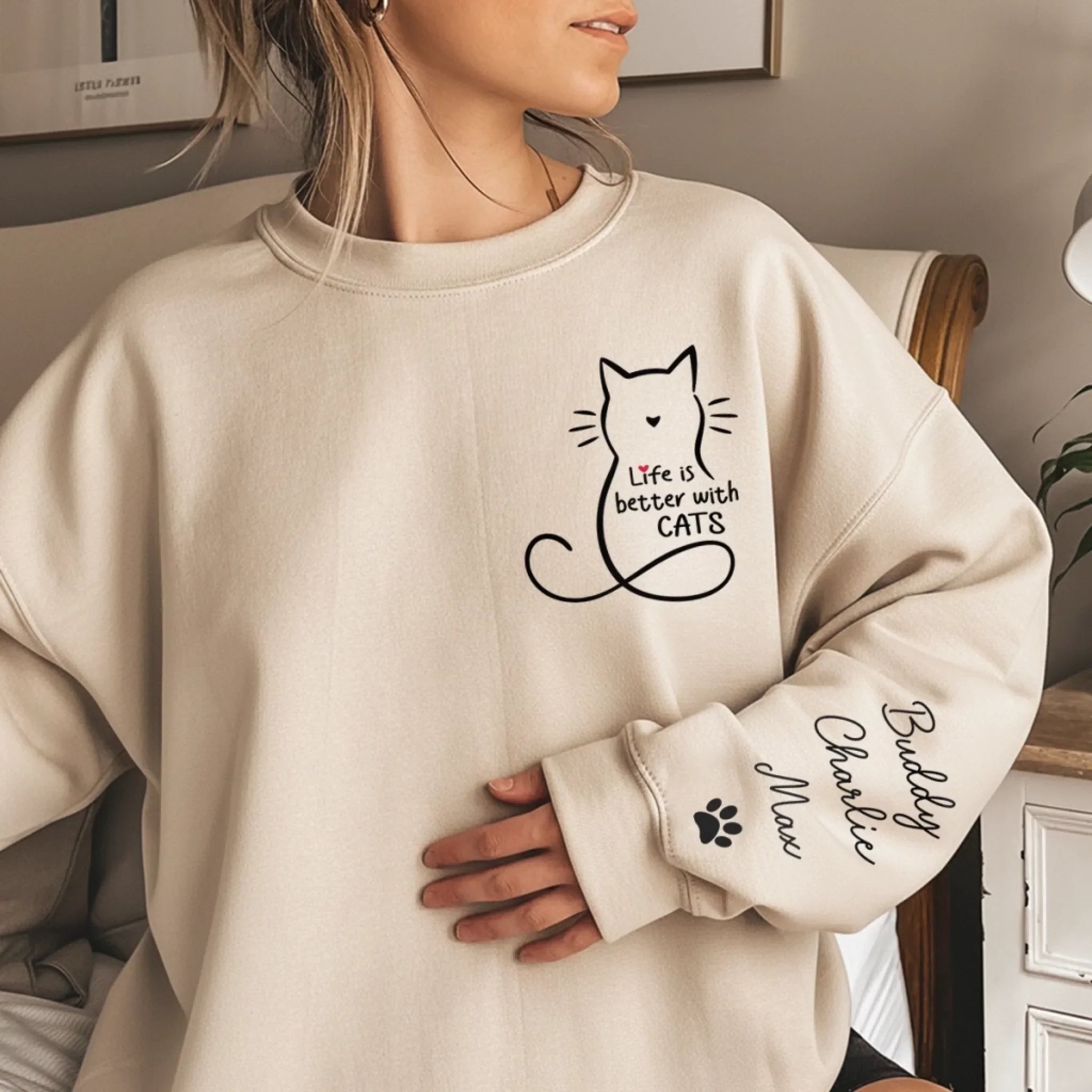 Custom Unisex Sweatshirt, Hoodie With Design On Sleeve - Personalized Christmas Birthday Gifts For Cat Lovers, Cat Mom And Dad - Home Smells Like Cat Fur