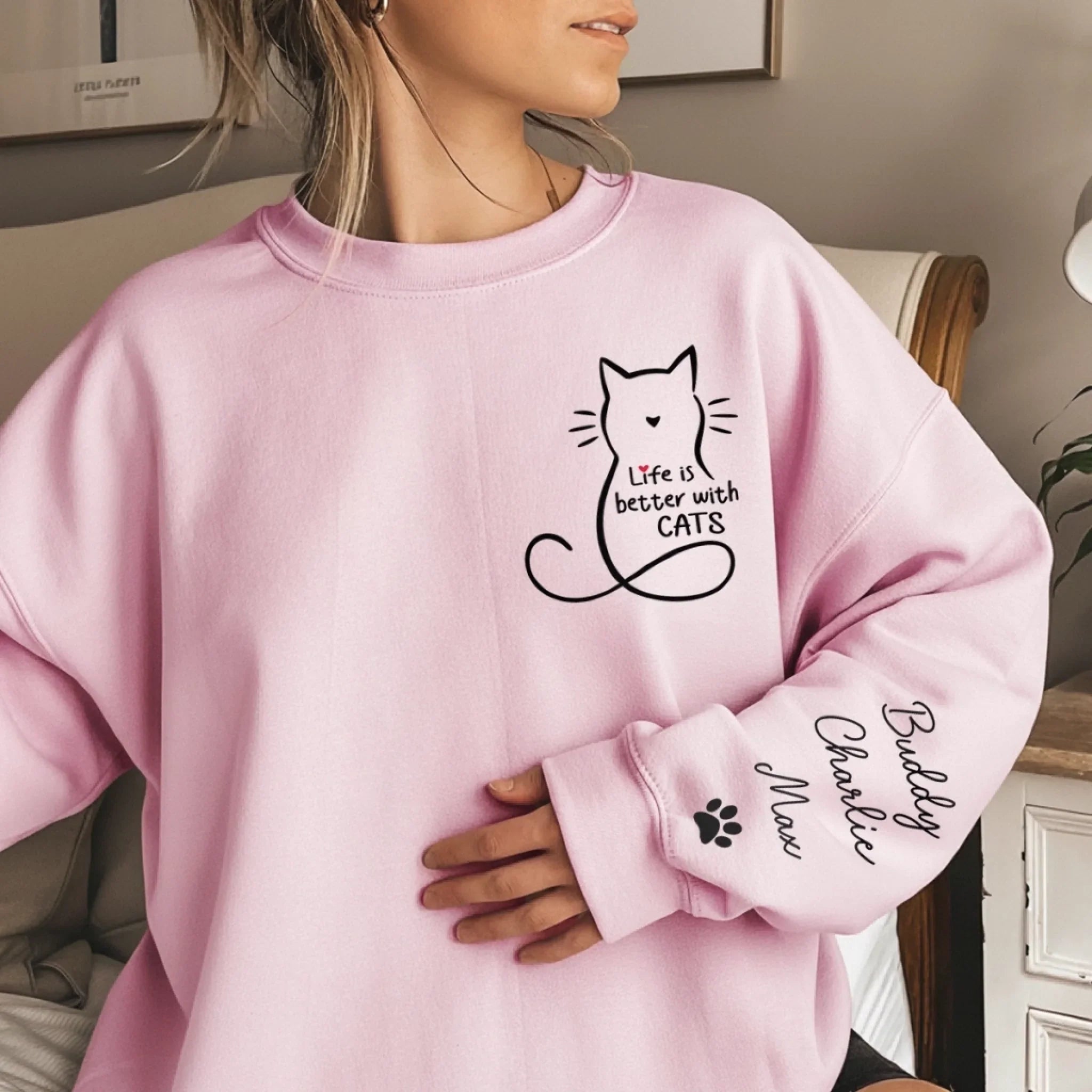 Custom Unisex Sweatshirt, Hoodie With Design On Sleeve - Personalized Christmas Birthday Gifts For Cat Lovers, Cat Mom And Dad - Home Smells Like Cat Fur
