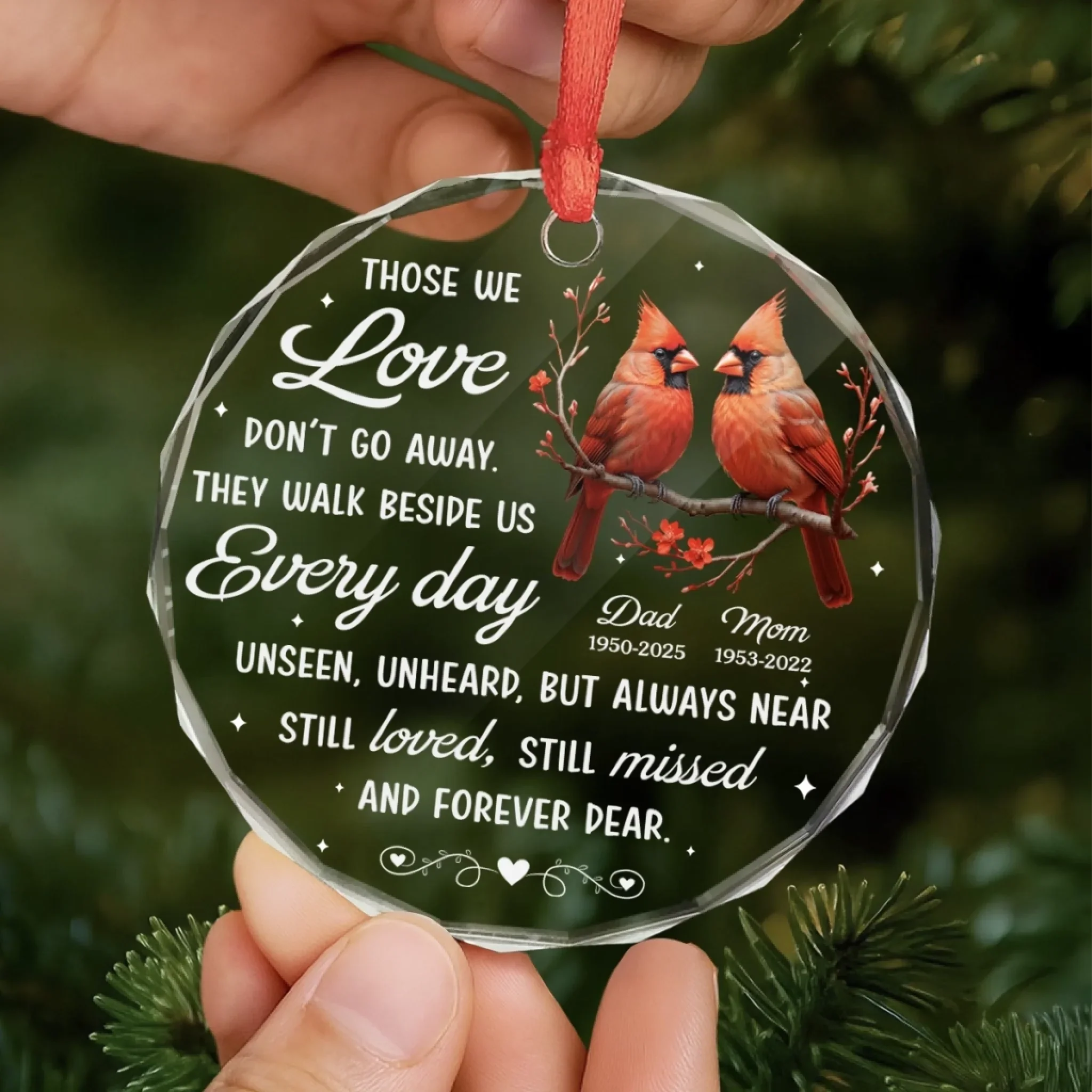 Custom Cardinal Circle Glass Ornament - Personalized Christmas Memorial Sympathy Gifts For Loss Of Mom, Dad - Heaven Is Not Far