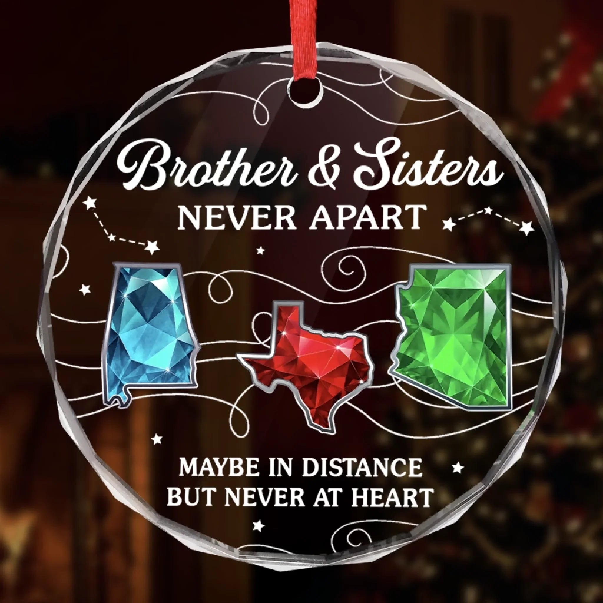 Custom Long Distance Circle Glass Ornament - Personalized Christmas Birthday Gifts For Brother, Sister - Miles Apart Hearts Aligned
