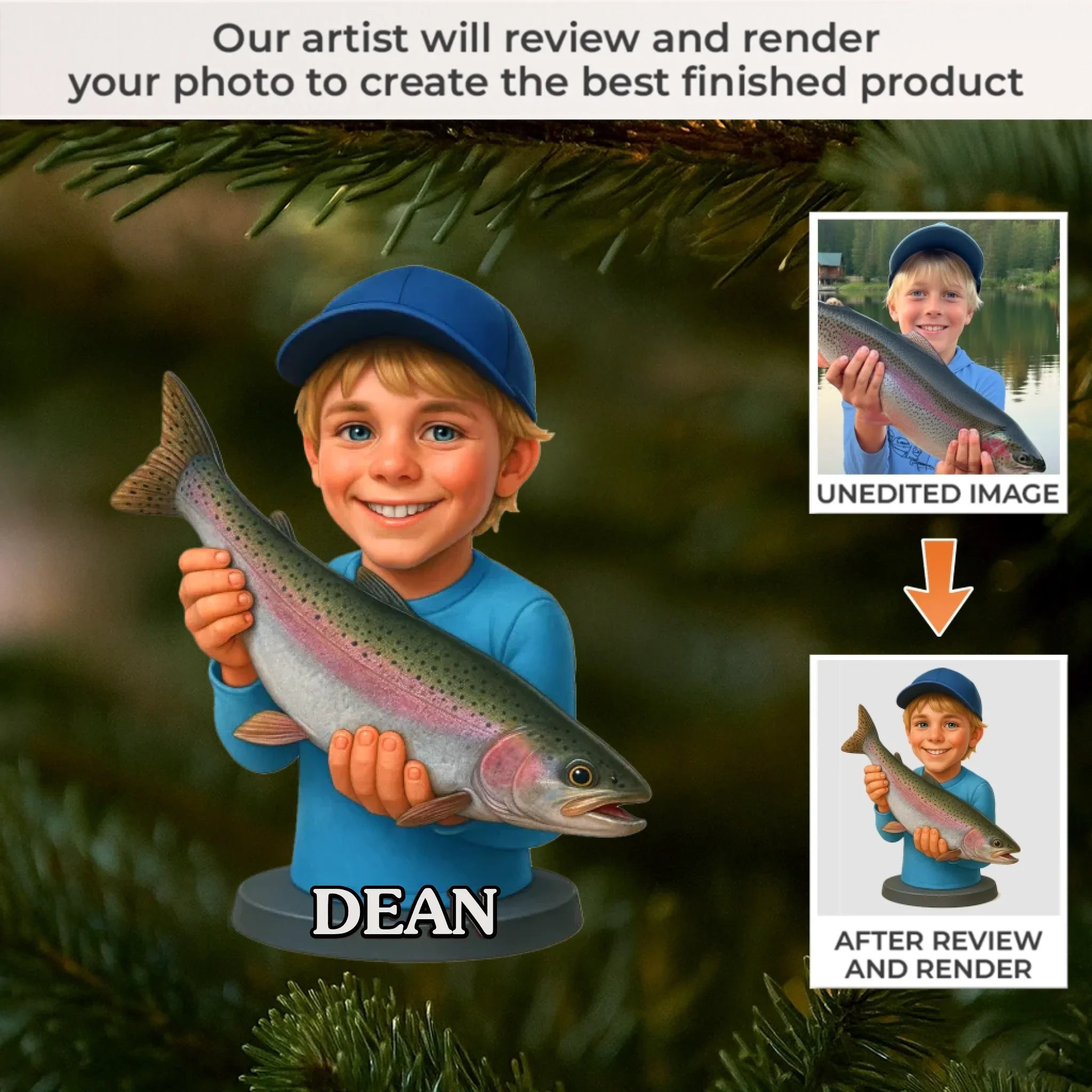 Custom Photo Acrylic Ornament - Personalized Christmas Birthday Fishing Gifts For Fisherman - Little Fisherboy Casting Big Joy