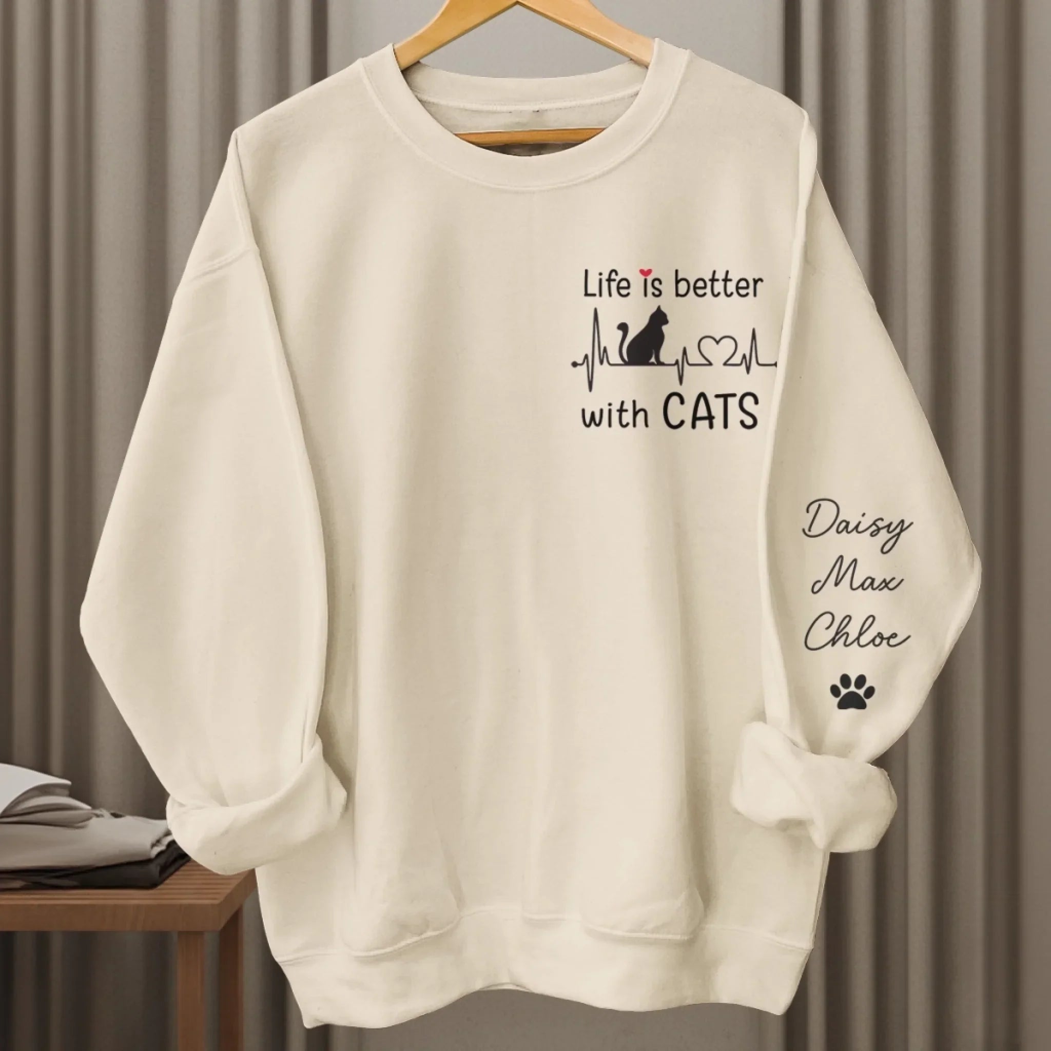 Custom Unisex Sweatshirt, Hoodie With Design On Sleeve - Personalized Christmas Birthday Gifts For Cat Lovers, Cat Mom And Dad - My Therapist Has Whiskers
