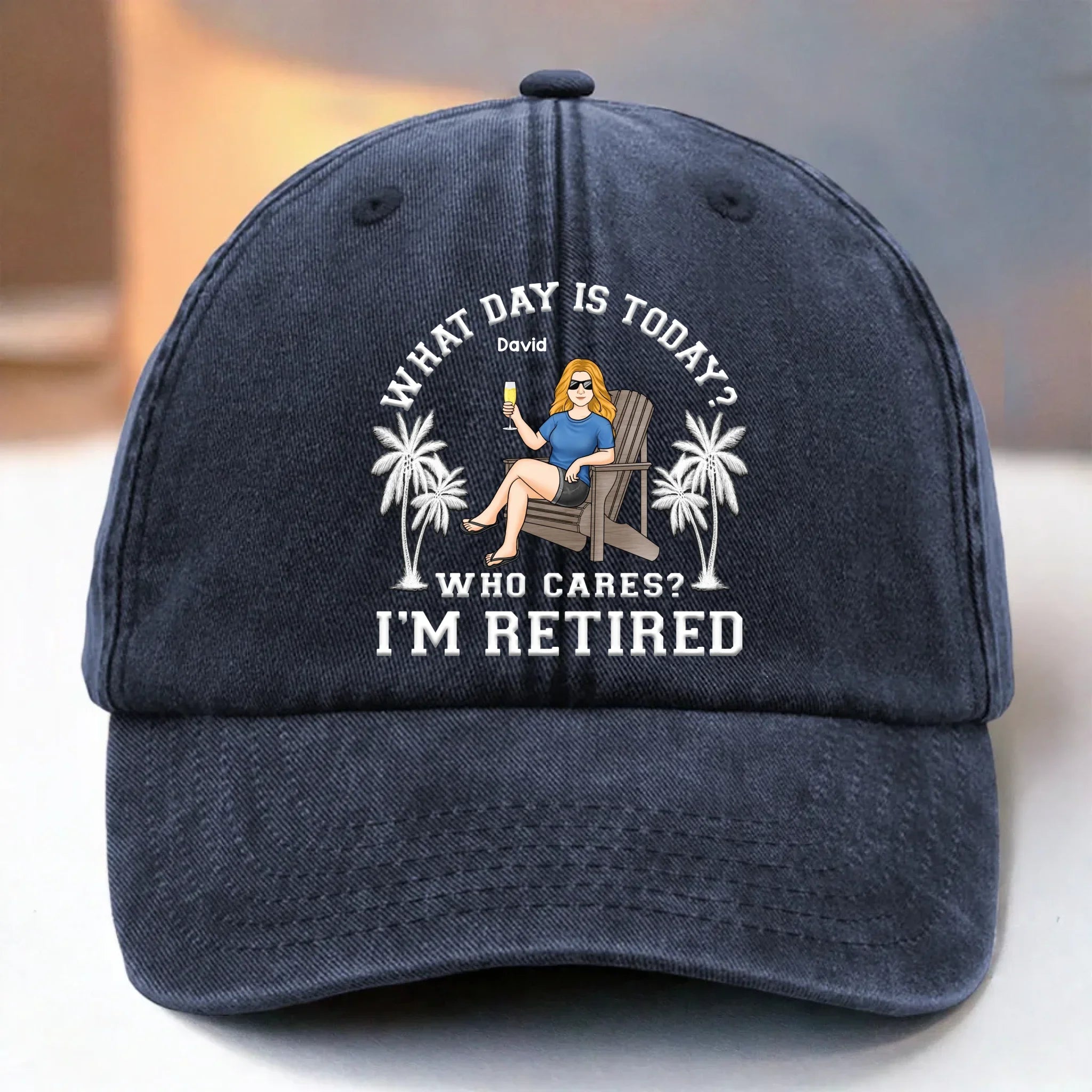 Custom Vintage Washed Denim Baseball Cap US - Personalized Retirement Gifts For Women, Men - Living On Vacation Mode