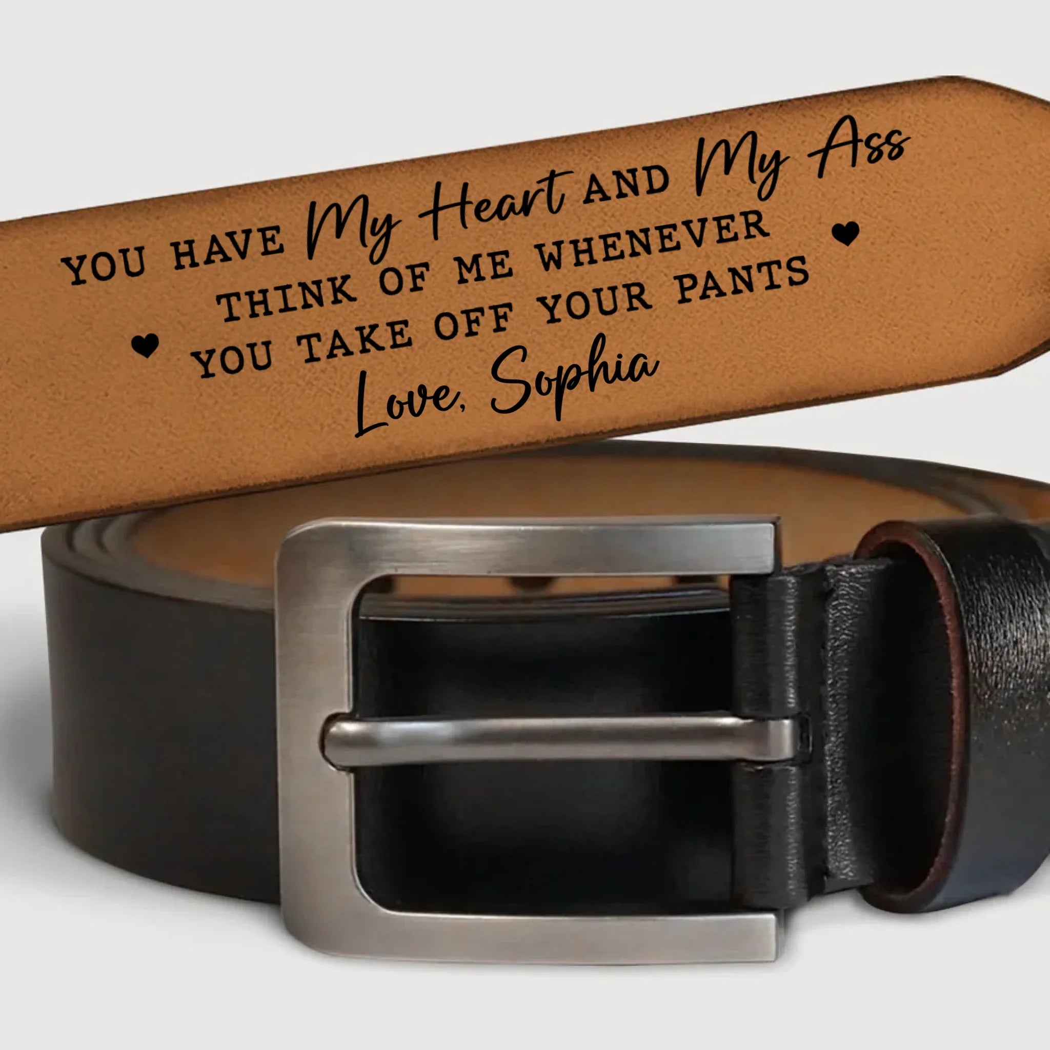 Custom Engraved Leather Belt - Personalized Anniversary Wedding Gifts For Husband And Wife, Him And Her - Love Feels Calm With You
