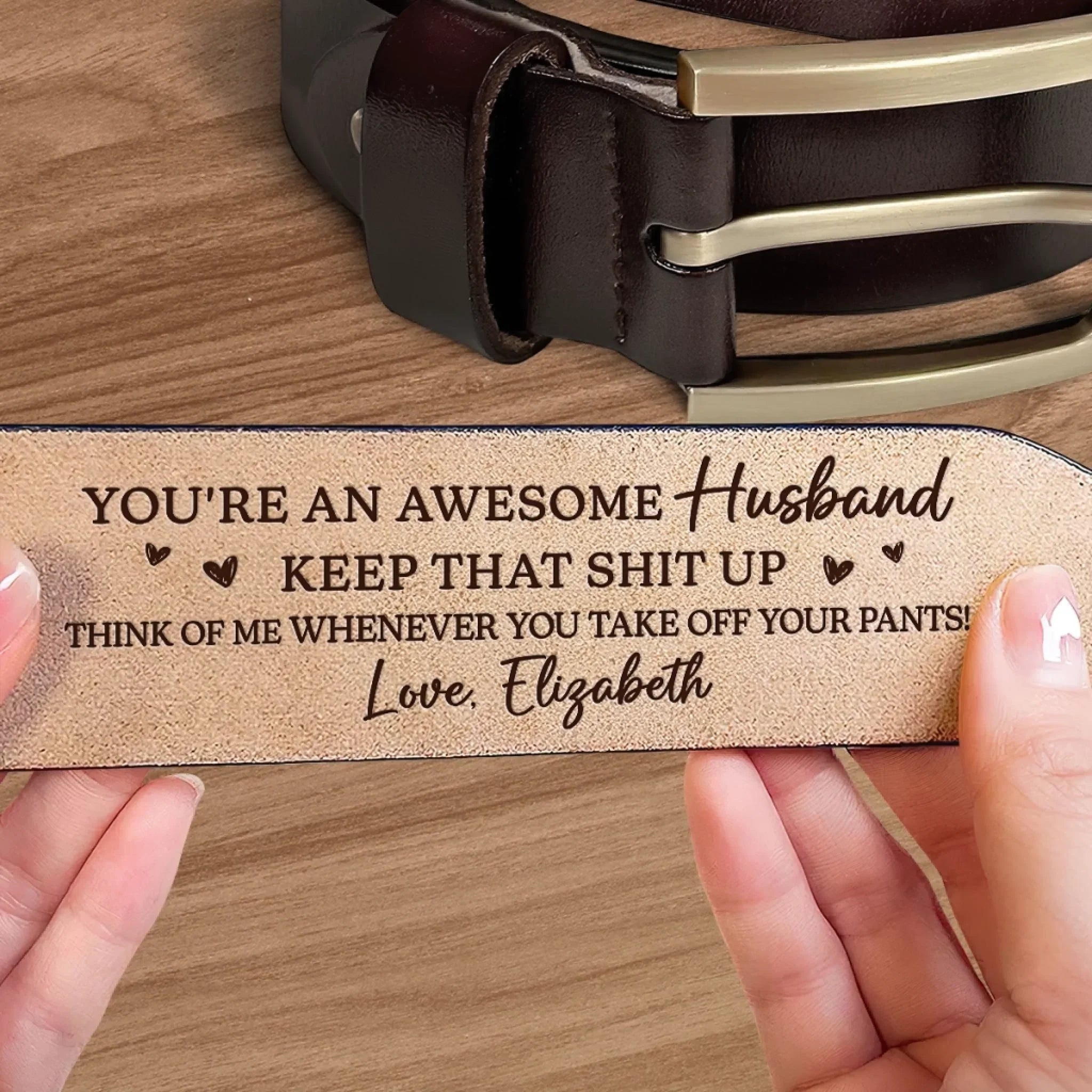 Custom Engraved Leather Belt - Personalized Anniversary Wedding Gifts For Husband And Wife, Him And Her - Two Hearts Growing Side By Side