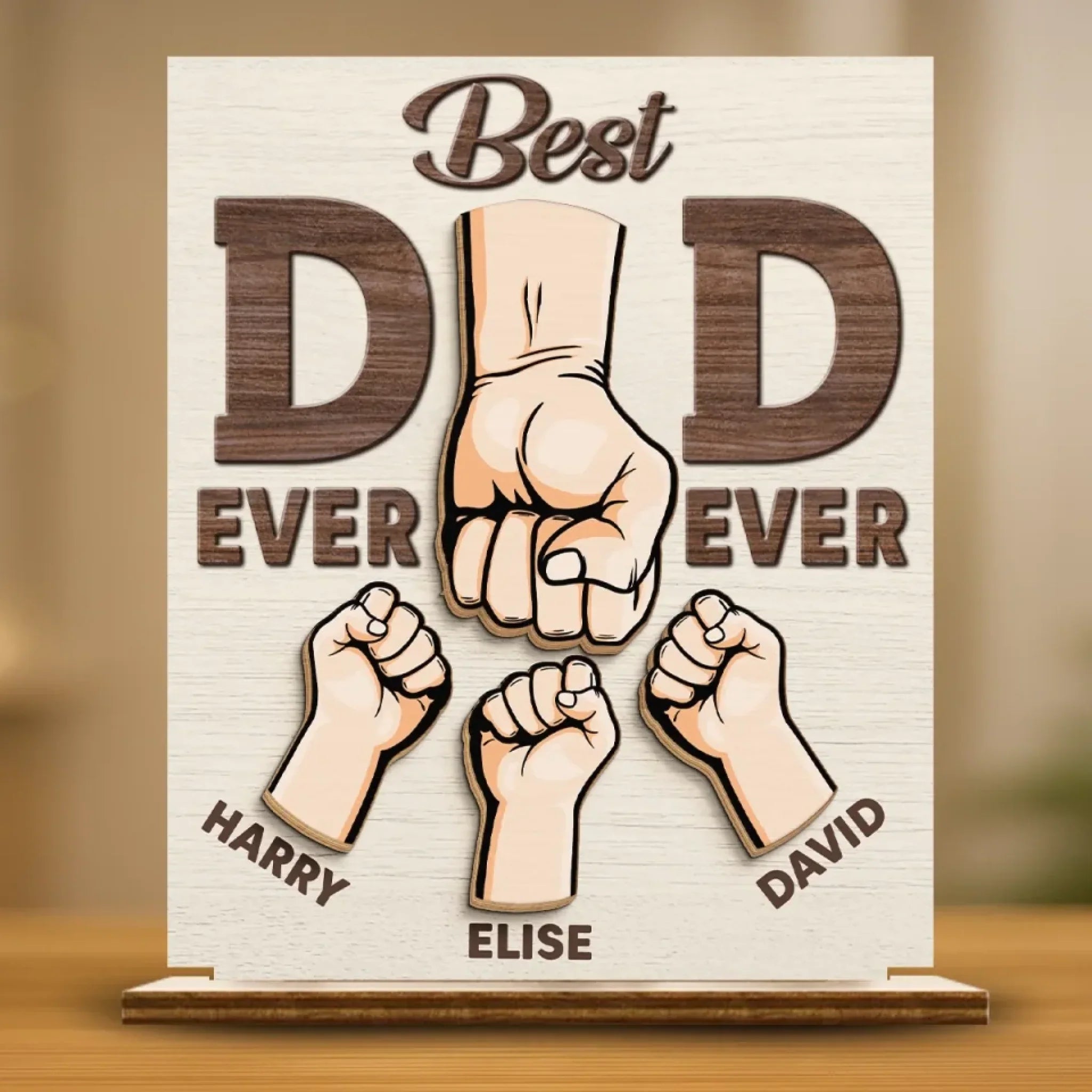 Behind Every Tiny Fist Is A Big Love For Dad - Family Personalized Custom Shaped 2-Layered Wooden Plaque With Flat Stand - Father's Day, House Warming Gift For Dad