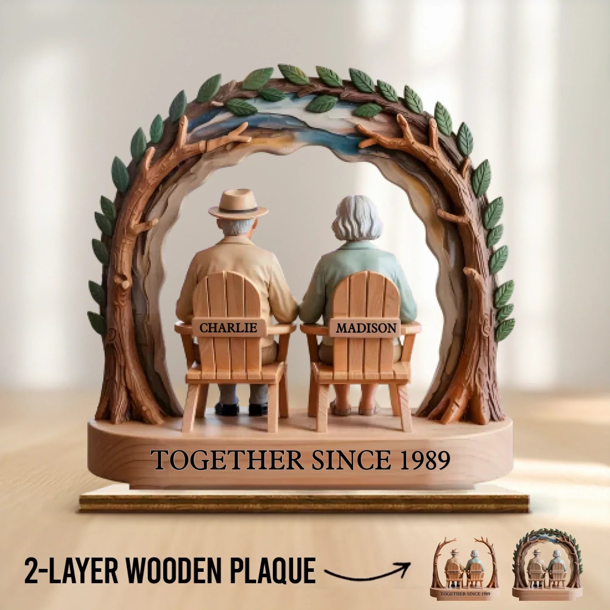Growing Old Together, Side By Side - Couple Personalized Custom Shaped 2-Layered Wooden Plaque With Flat Stand - House Warming Gift For Husband Wife, Anniversary