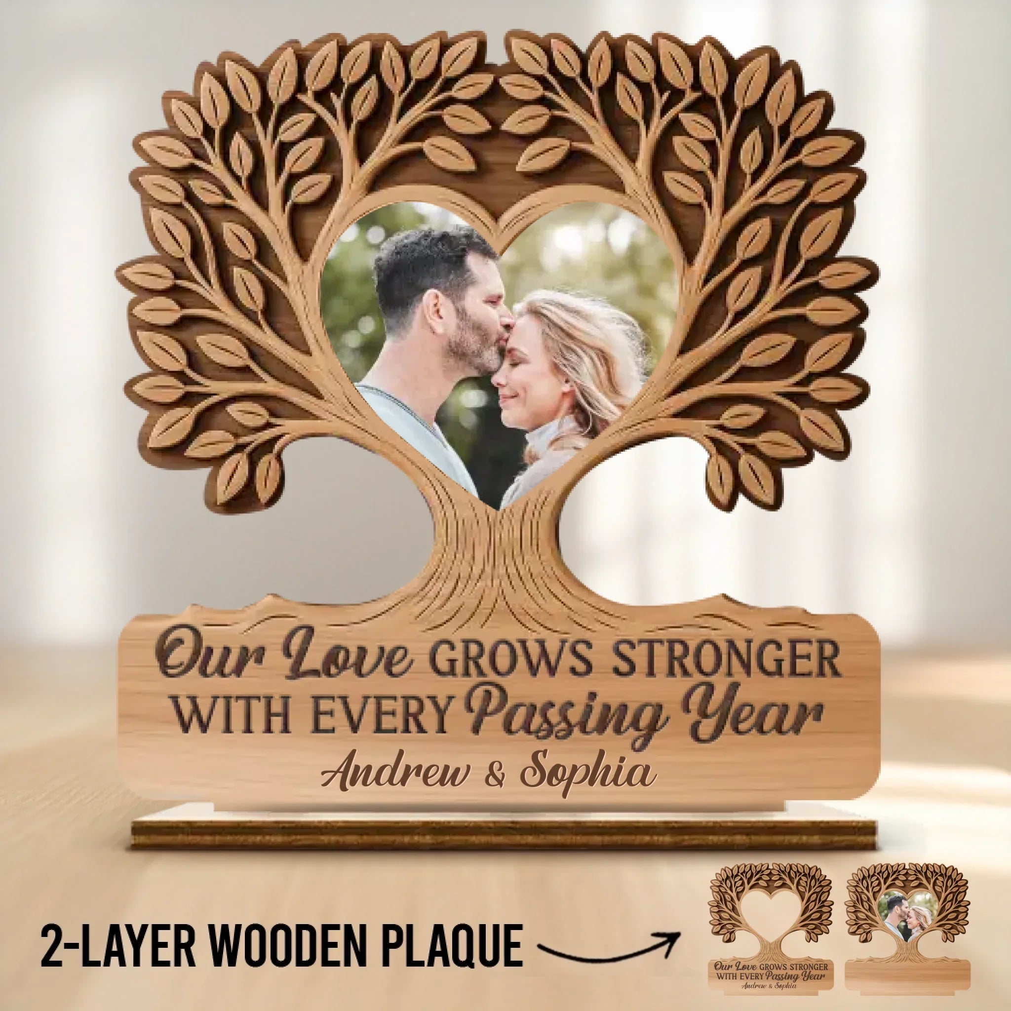 Custom Photo 2-Layered Wooden Plaque - Personalized Anniversary Wedding Gifts For Husband And Wife, Him And Her - Our Love Grows Deeper And Stronger