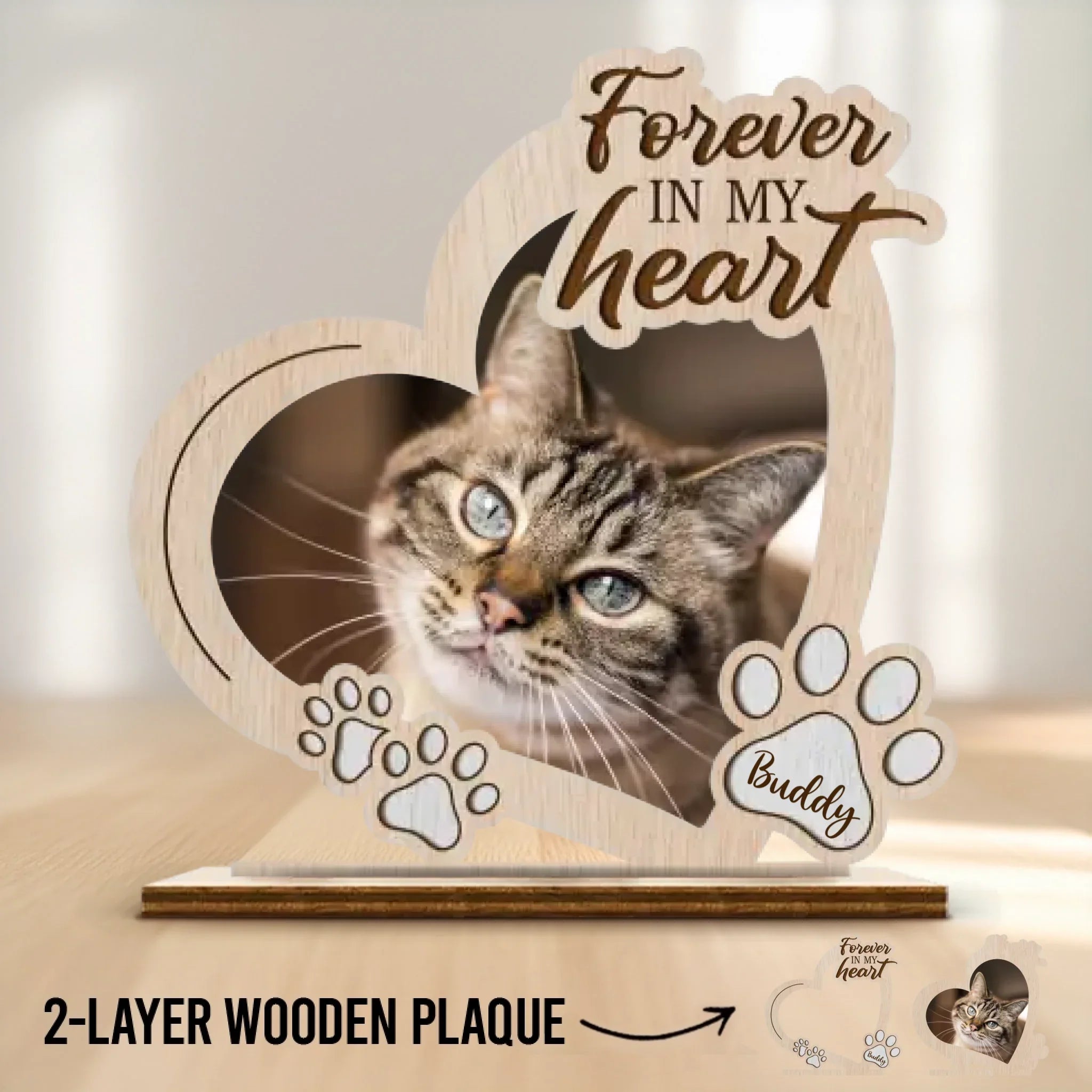 Custom Photo Forever In My Heart - Memorial Personalized Custom Shaped 2-Layered Wooden Plaque With Flat Stand - House Warming Gift For Pet Owners, Pet Lovers